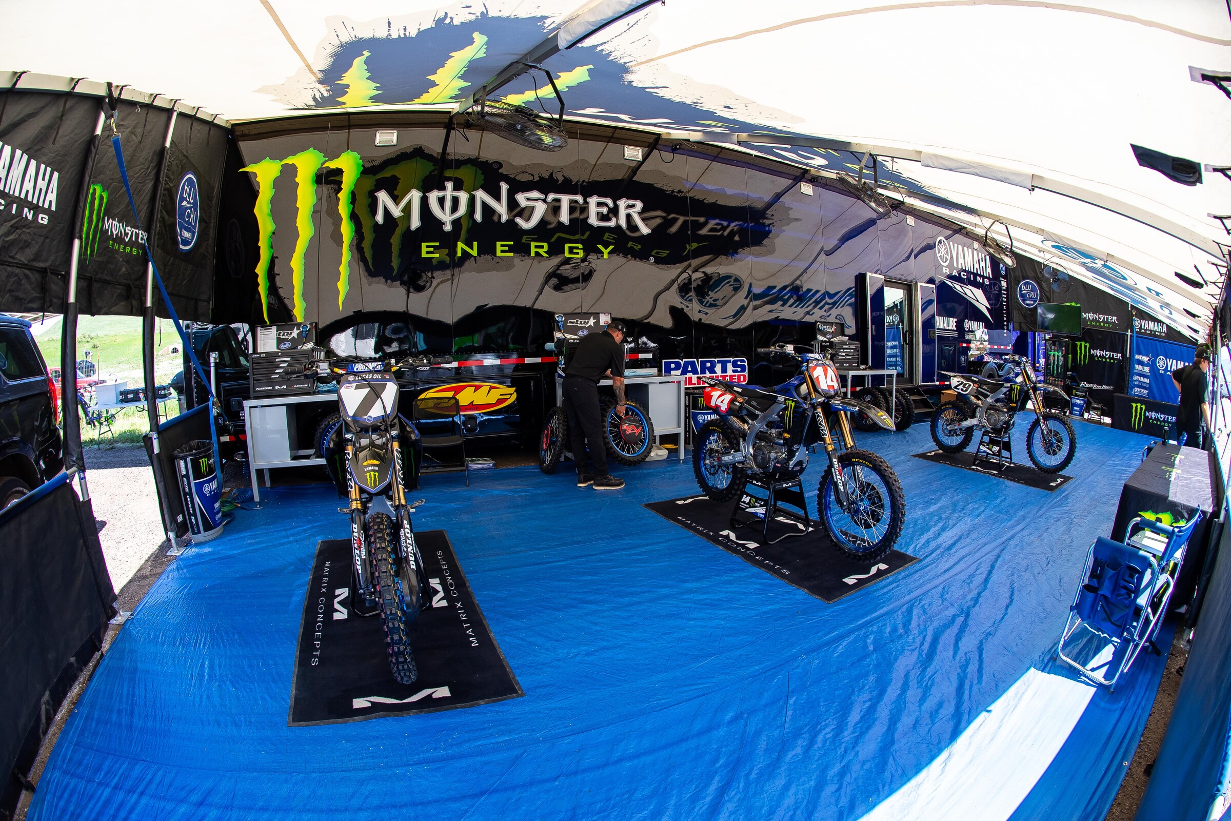 The Monster Energy/Star Yamaha Racing team pits.