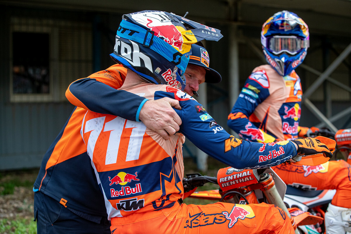 Rene Hofer is congratulated on his podium effort by KTM's Joel Smets.