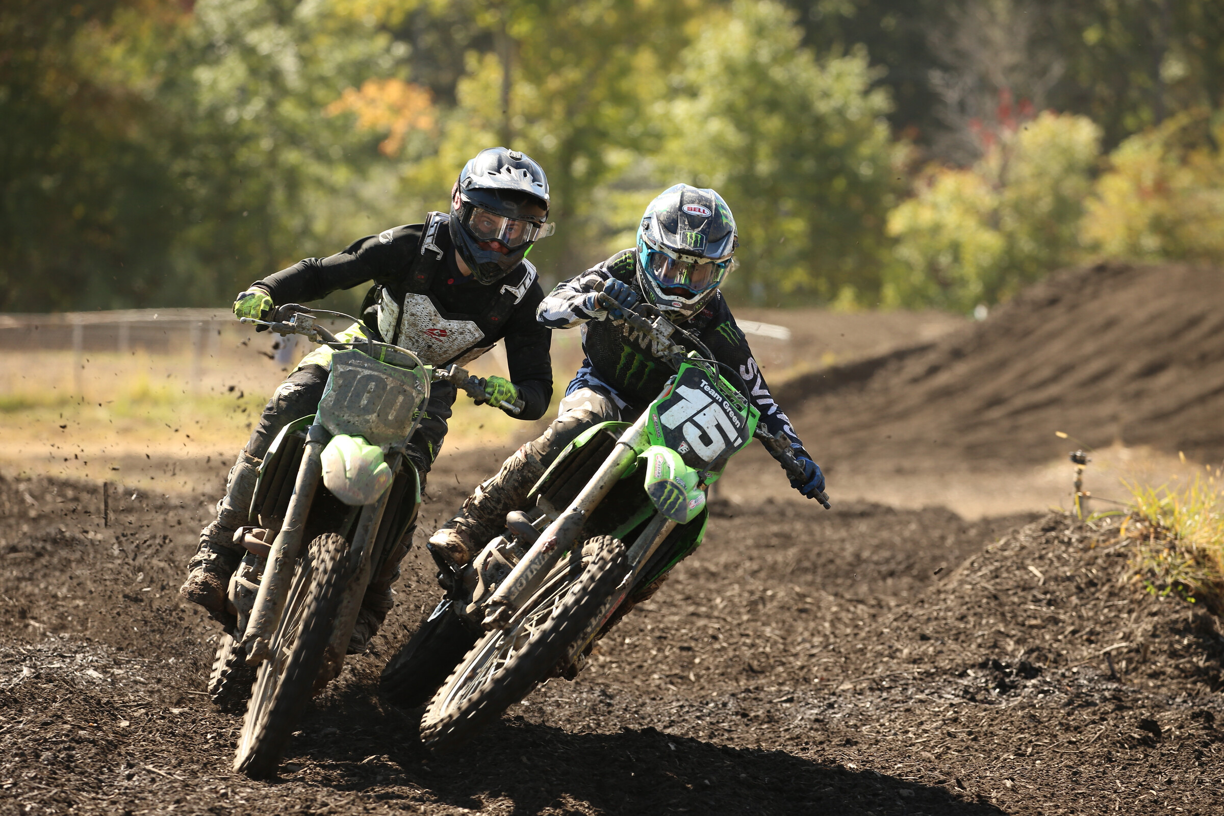 Close racing action took place all weekend on the challenging track. Here Gavin Towers makes a move on Aidan Dickens.
