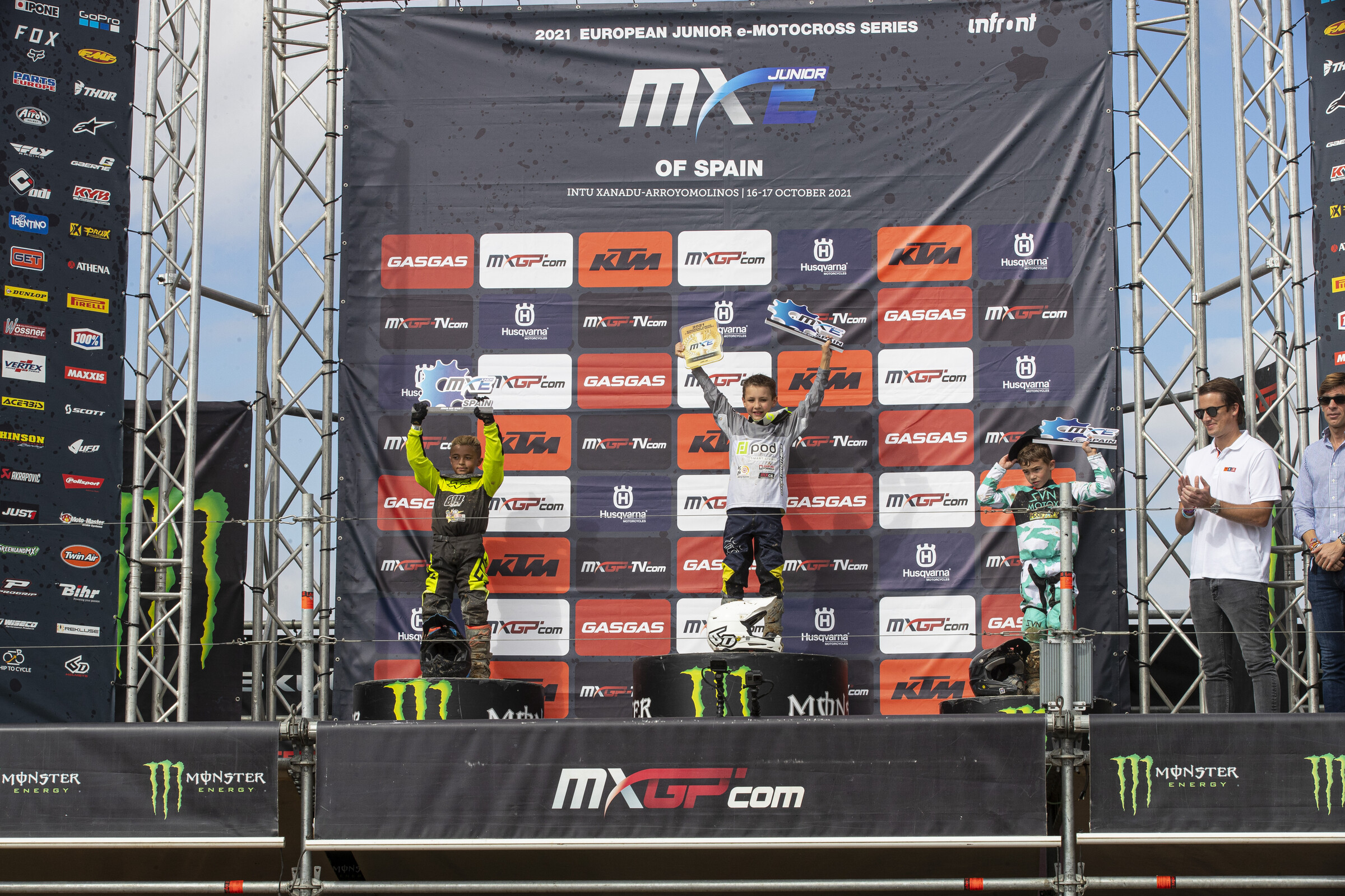 The podium finishers from the 2021 European Junior e-Motocross race in Spain.