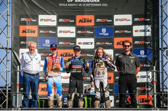 Here is a shot of Lotte Dan Drunen on the podium last month in the Czech Republic, where she finished third in the EMX85 class. Along with winner Marek Vitezslav and runner-up Janis Martins Reisulis.