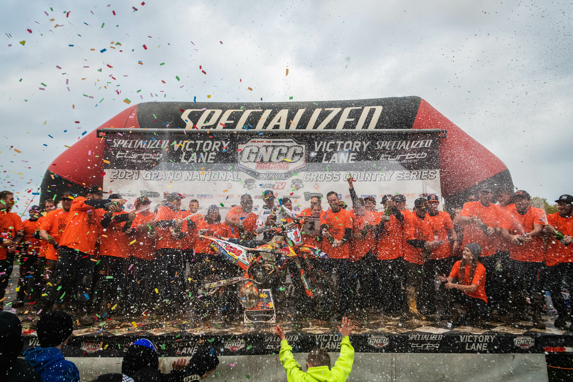 Ben Kelley and the FMF KTM team celebrates his 2021 Grand National Championship.