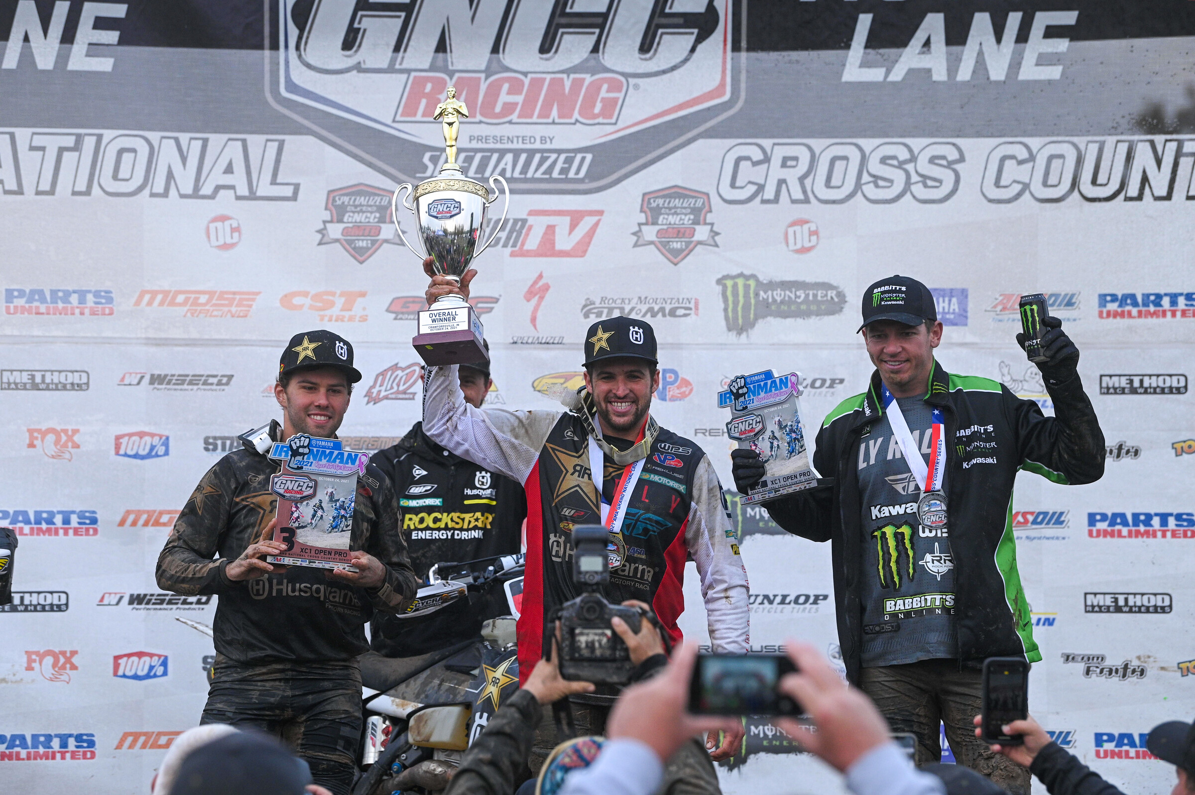 Thad Duvall (center), Josh Strang (right) and Craig Delong (left) rounded out the XC1 Pro top three finishers at the Yamaha Racing Ironman GNCC.