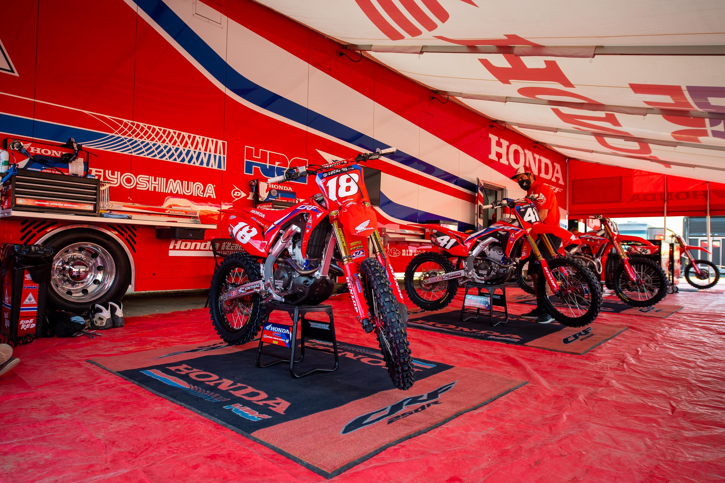 Jett Lawrence's Honda HRC CRF250R in the pits during the Lucas Oil AMA Pro Motocross Championship.