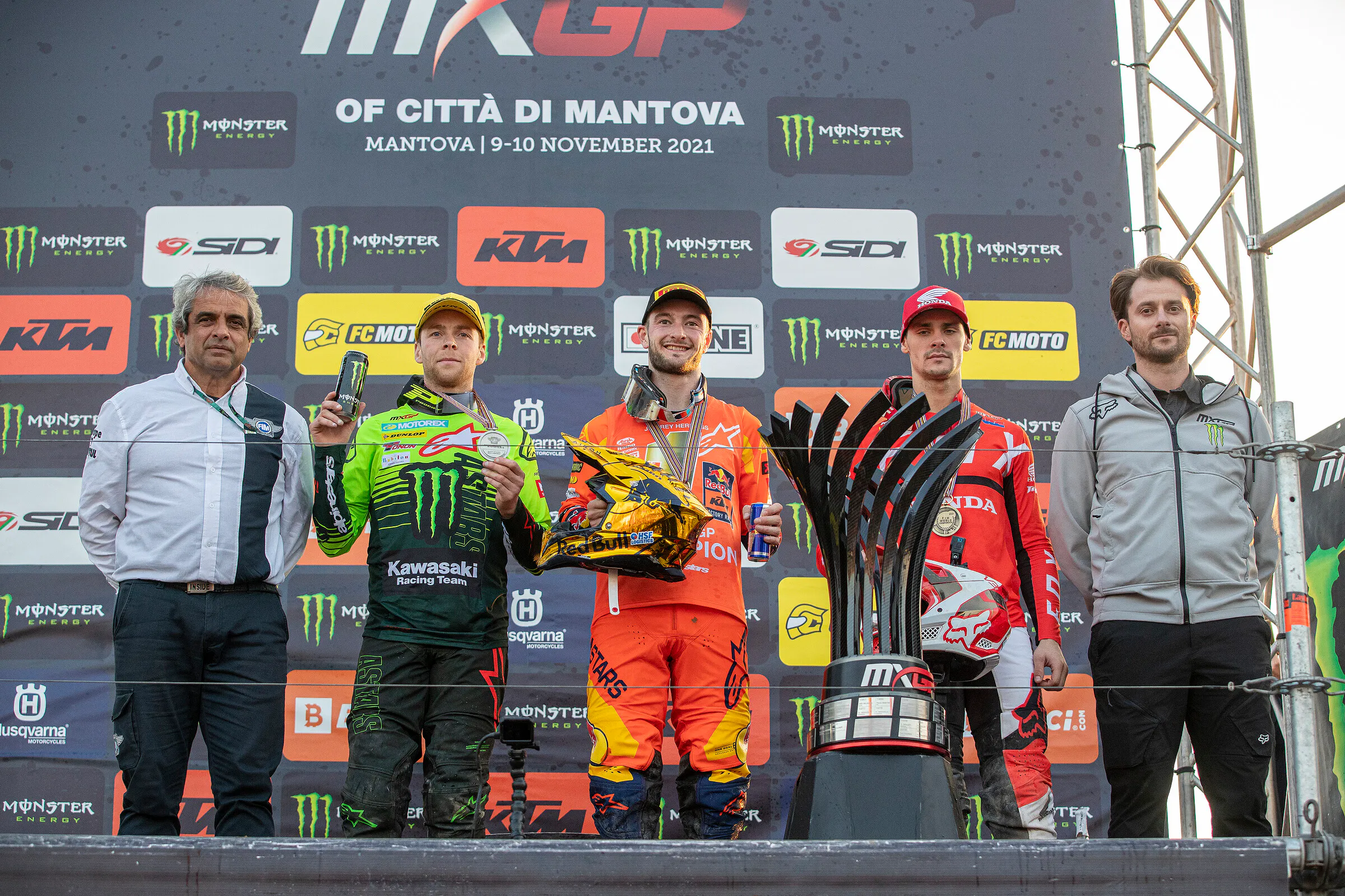 Jeffrey Herlings (center), Romain Febvre (left), and Tim Gajser (right), finished first, second, and third, respectively, in the 2021 MXGP championship.