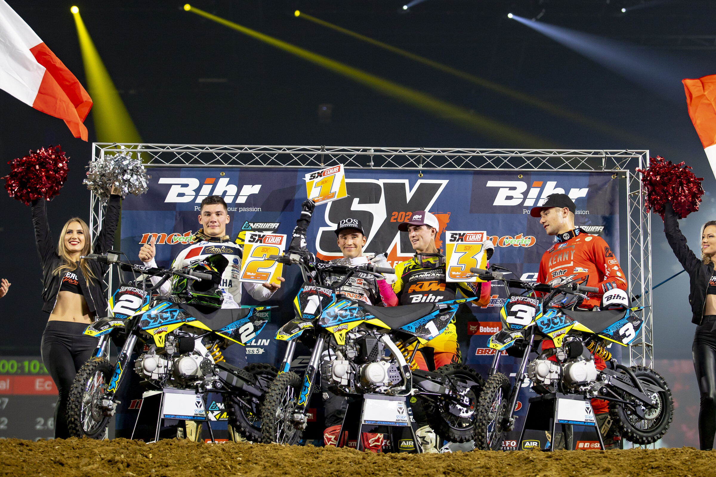 Kyle Peters (left center, Prince of Paris), Maxime Renaux (left, second overall), Kevin Moranz (right center, third overall), and Julien Roussaly (right, SX2 Paris Supercross Championship winner).
