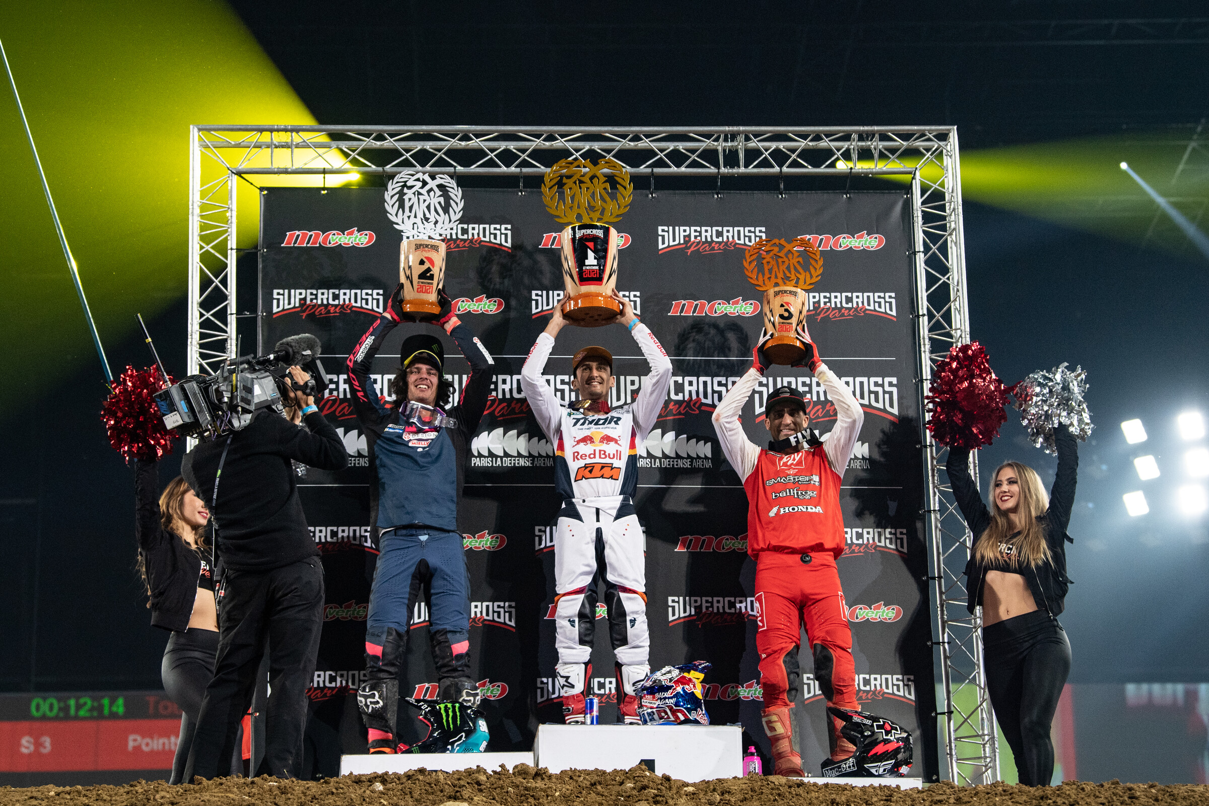 Marvin Musquin (center, King of Paris), Cedric Soubeyras (left, second overall), and Justin Brayton (right, third overall).