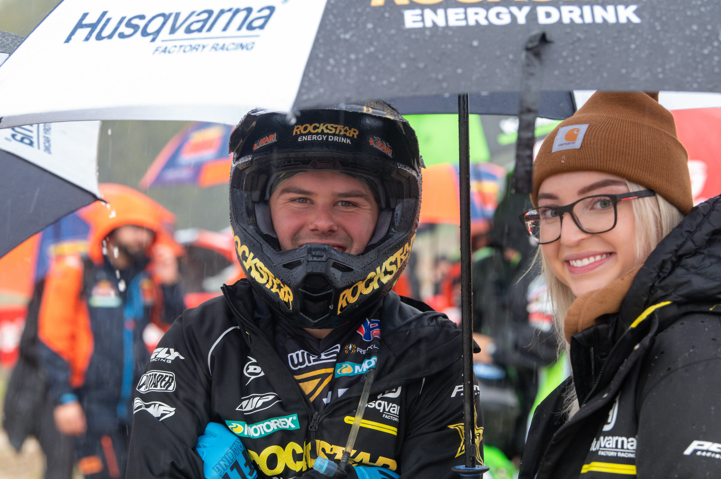 Craig Delong and Kaitlyn Bowers just trying to stay dry.