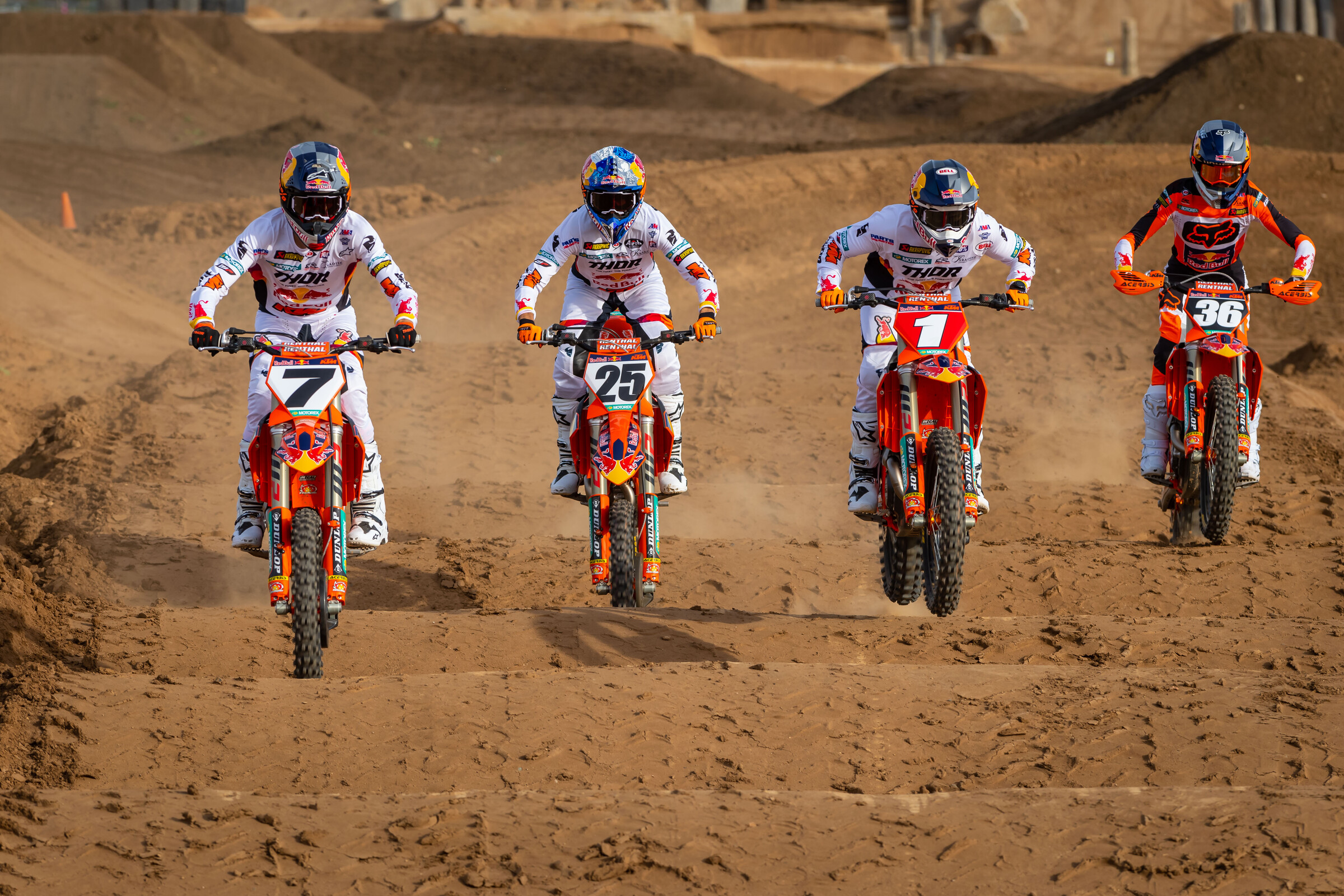 #7 Aaron Plessinger, #25 Marvin Musquin, #1 Cooper Webb, and #36 Max Vohland
