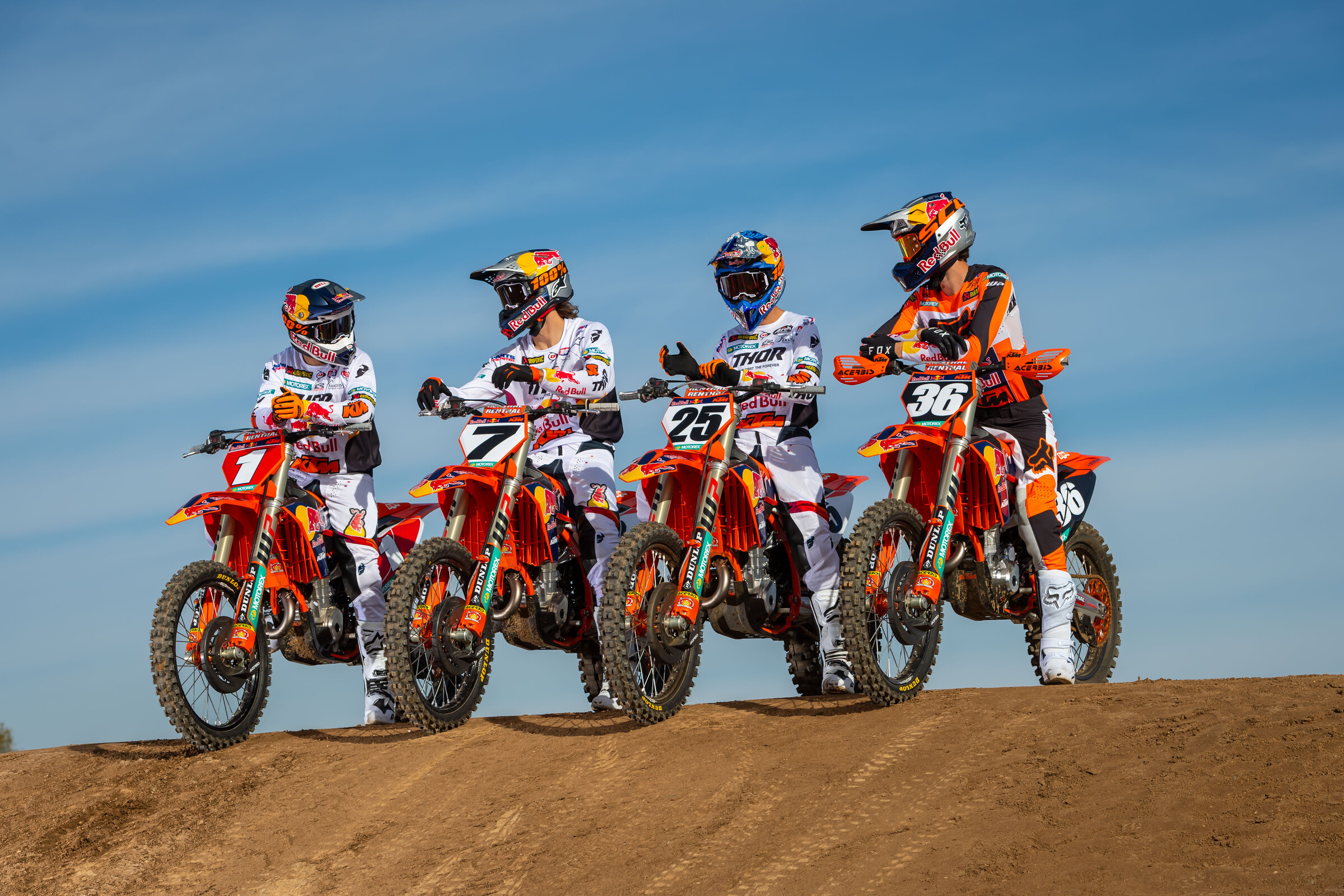 #1 Cooper Webb, #7 Aaron Plessinger, #25 Marvin Musquin, and #36 Max Vohland