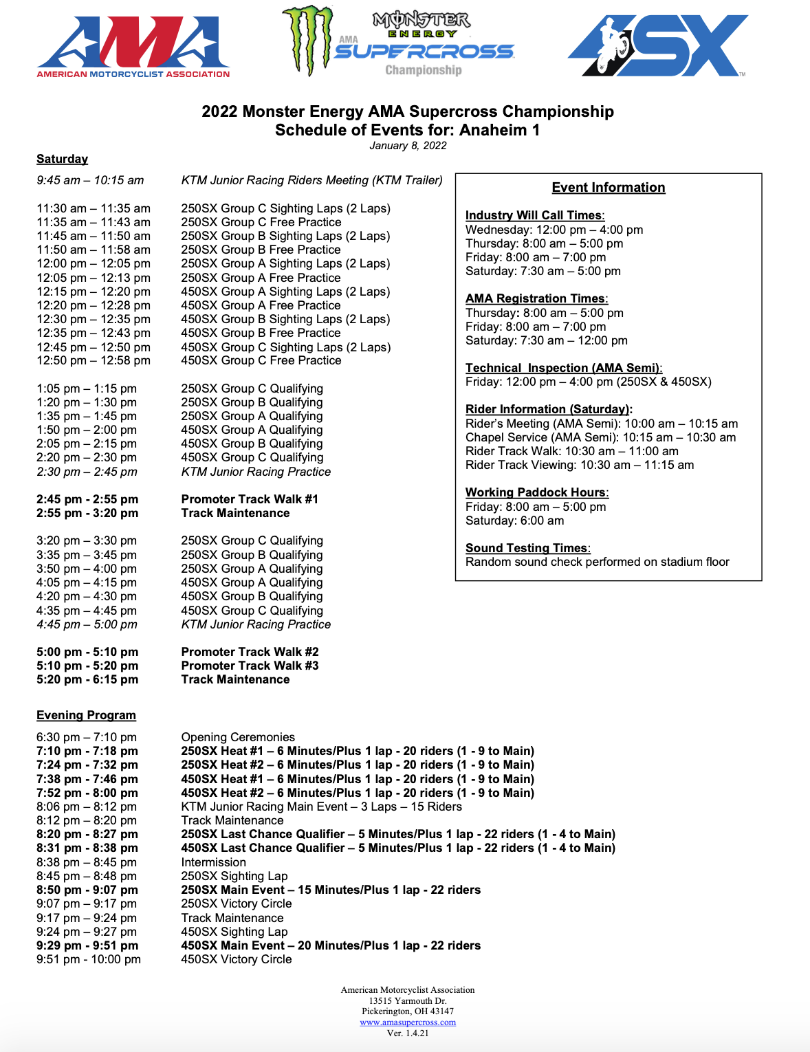 2022 Anaheim 1 Supercross race day schedule