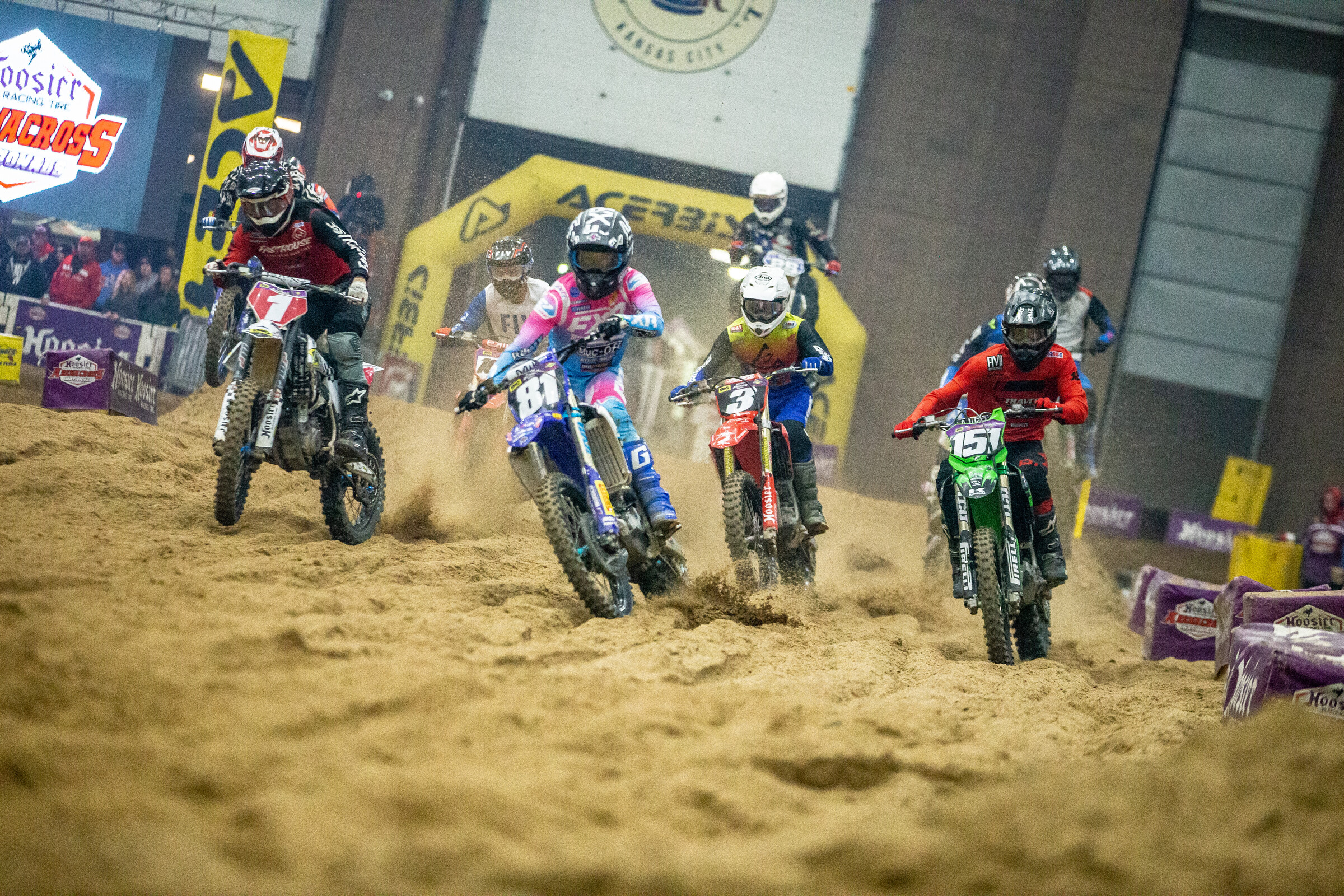 Michael Hicks (#1), Jace Owen (#81), Izaih Clark (#3), and Carter Gordon (#151) battle out front.