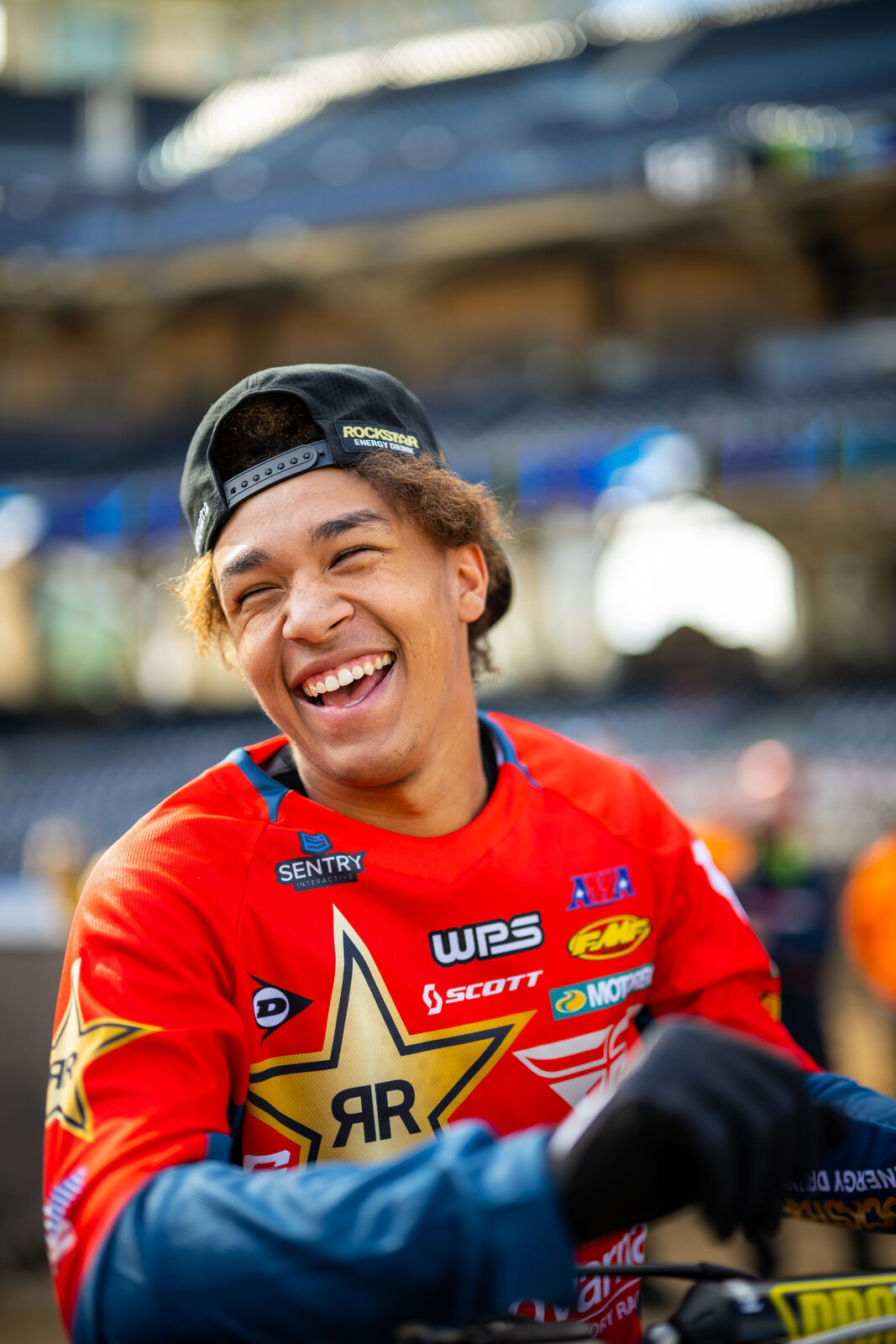 Swoll laughing during press day on Friday prior to the San Diego Supercross.