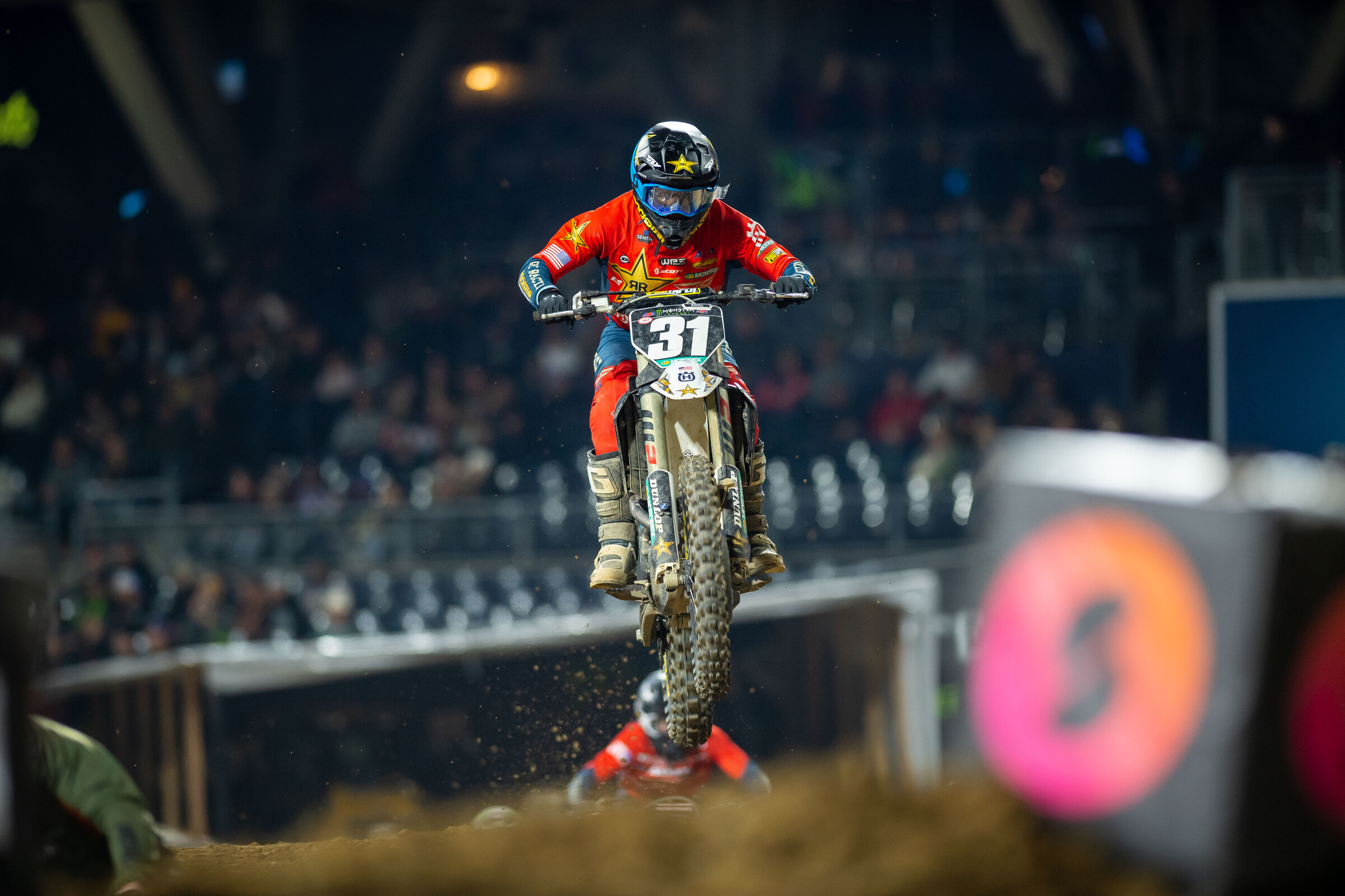 The SmartFi logo can be seen around the third-round San Diego Supercross at Petco Park in California.