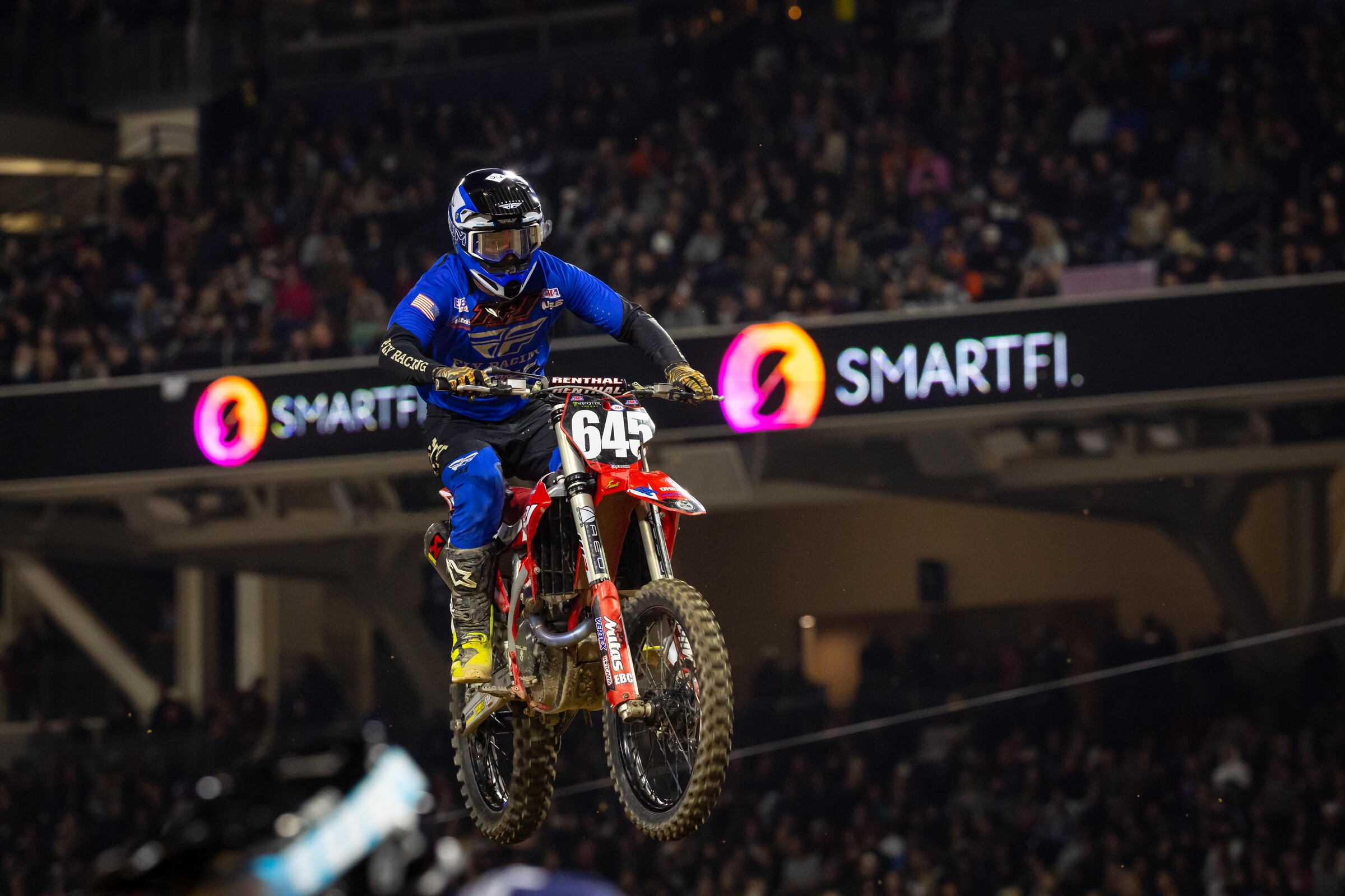The SmartFi logo can be seen around the third-round San Diego Supercross at Petco Park in California.