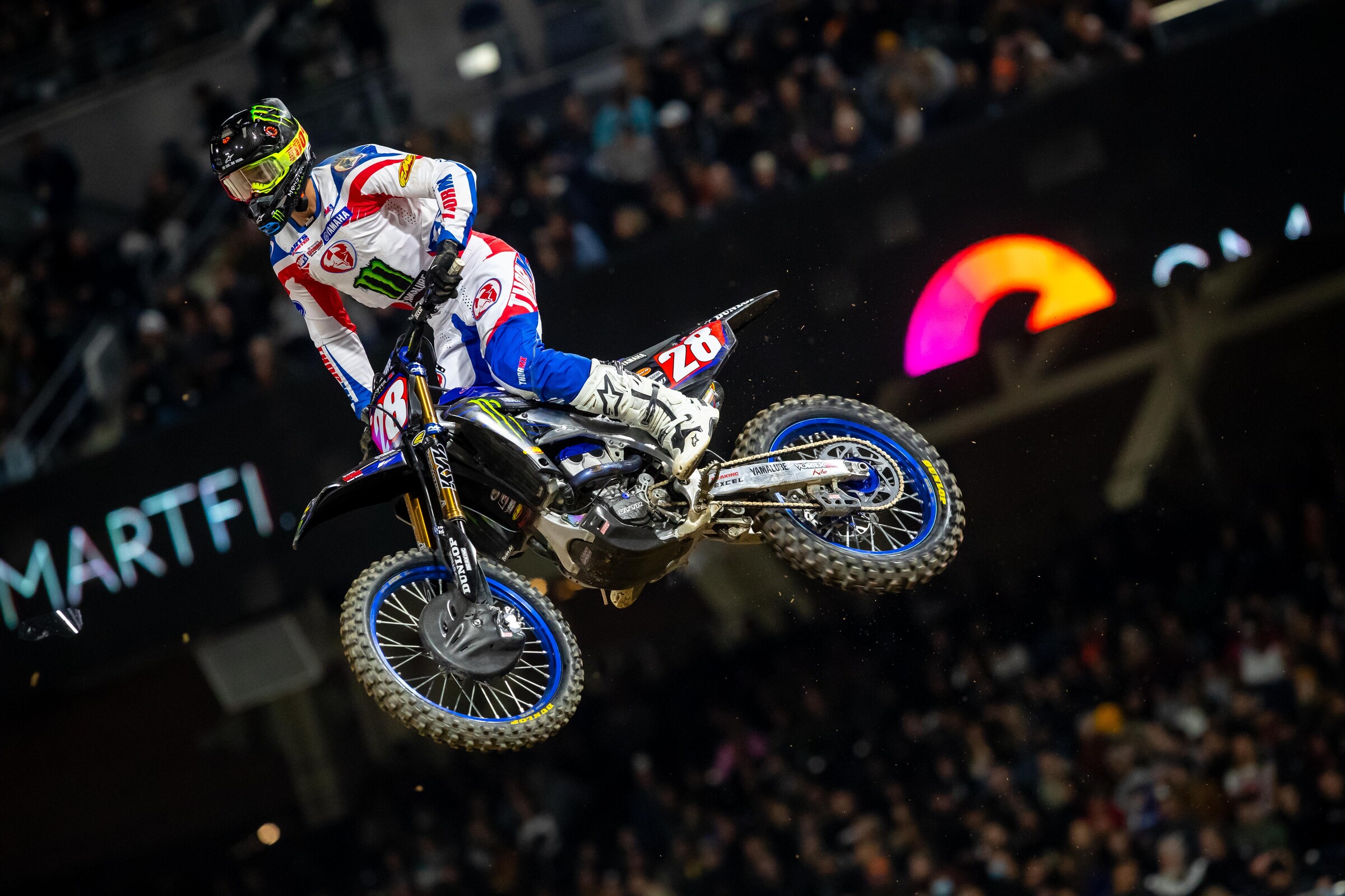 The SmartFi logo can be seen around the third-round San Diego Supercross at Petco Park in California.