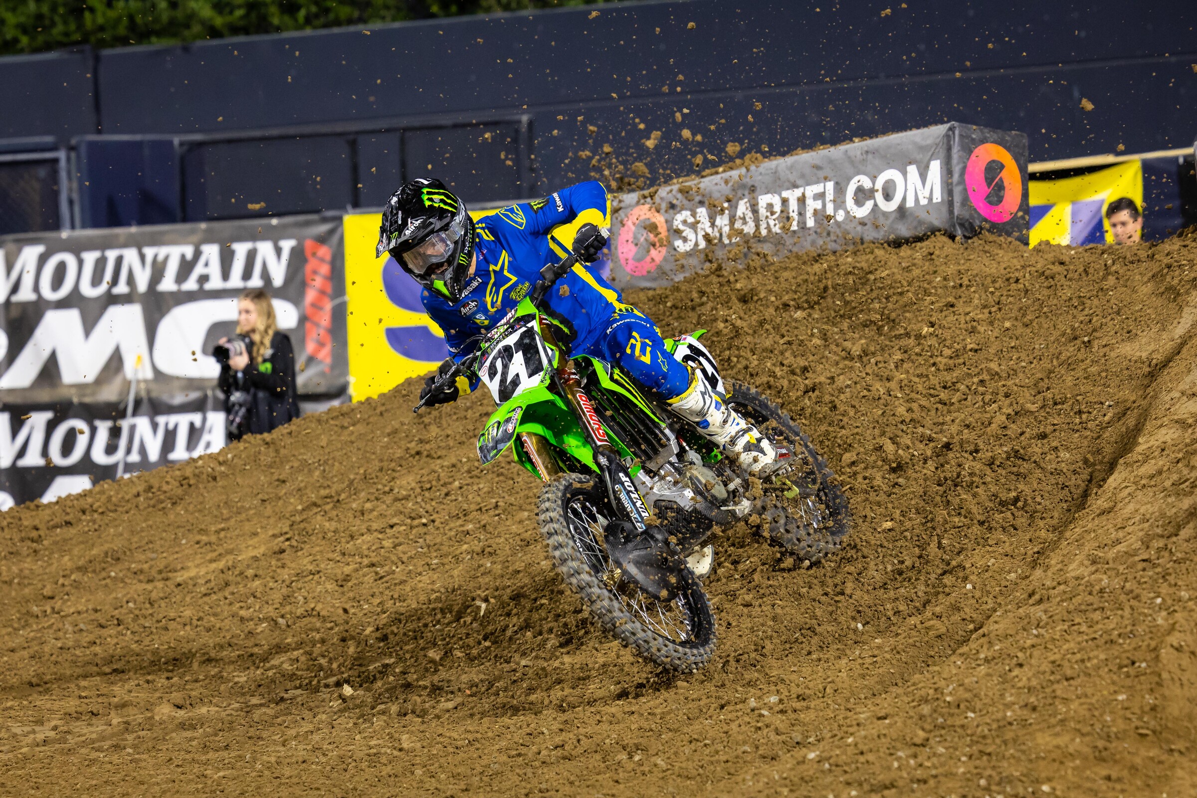 The SmartFi logo can be seen around the third-round San Diego Supercross at Petco Park in California.
