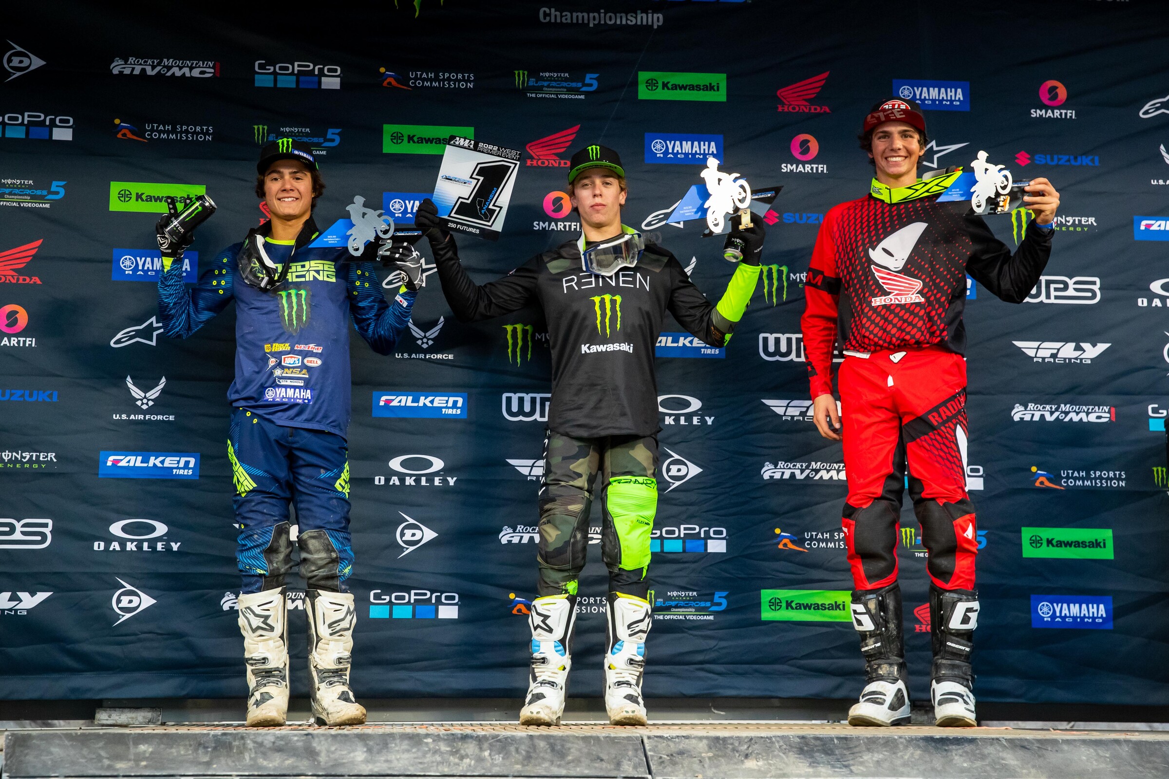 Ryder DiFrancesco (middle, Kawasaki), Gavin Towers (left, Yamaha), and Luke Kalaitzian (right, Kawasaki) were the three podium finishers in the Anaheim 2 Supercross 250SX Futures main event.