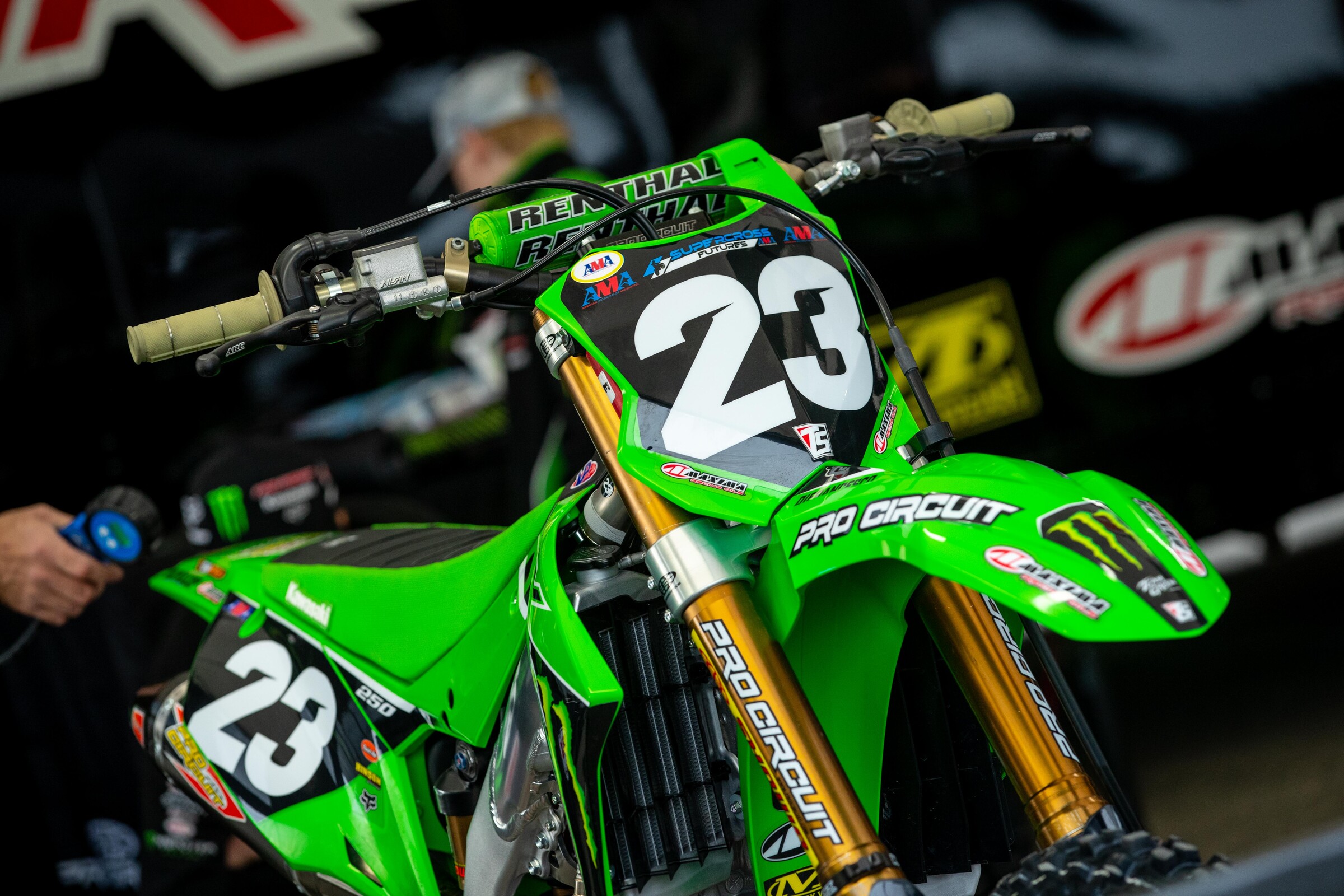 DiFrancesco's Kawasaki KX250 under the Monster Energy/Pro Circuit Kawasaki team tent at A2.
