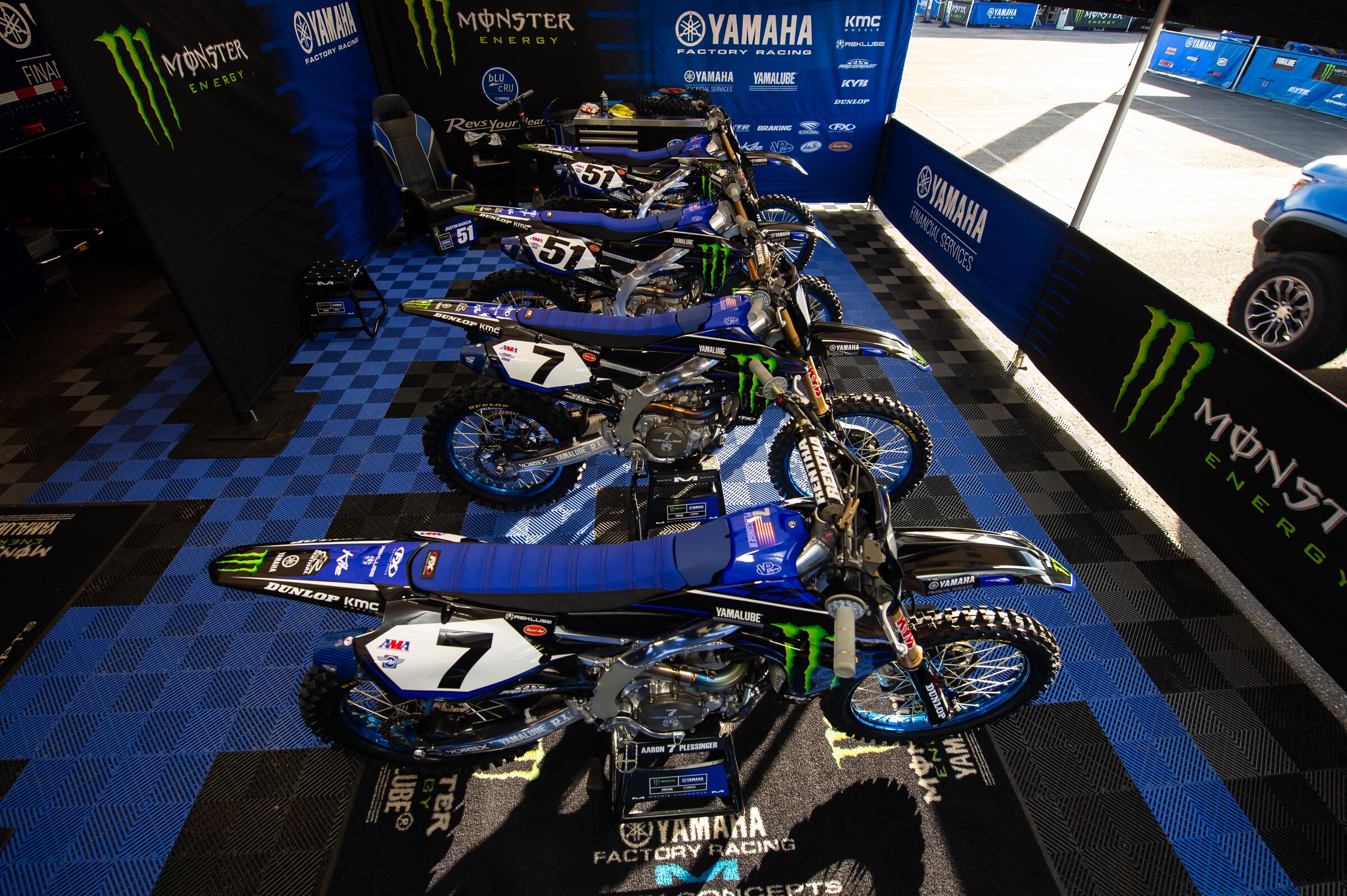 At the 2020 Glendale Supercross, the Monster Energy Factory Yamaha team had two Yamaha YZ450F machines fully prepped for both riders Justin Barcia and Aaron Plessinger ahead of the Triple Crown racing.