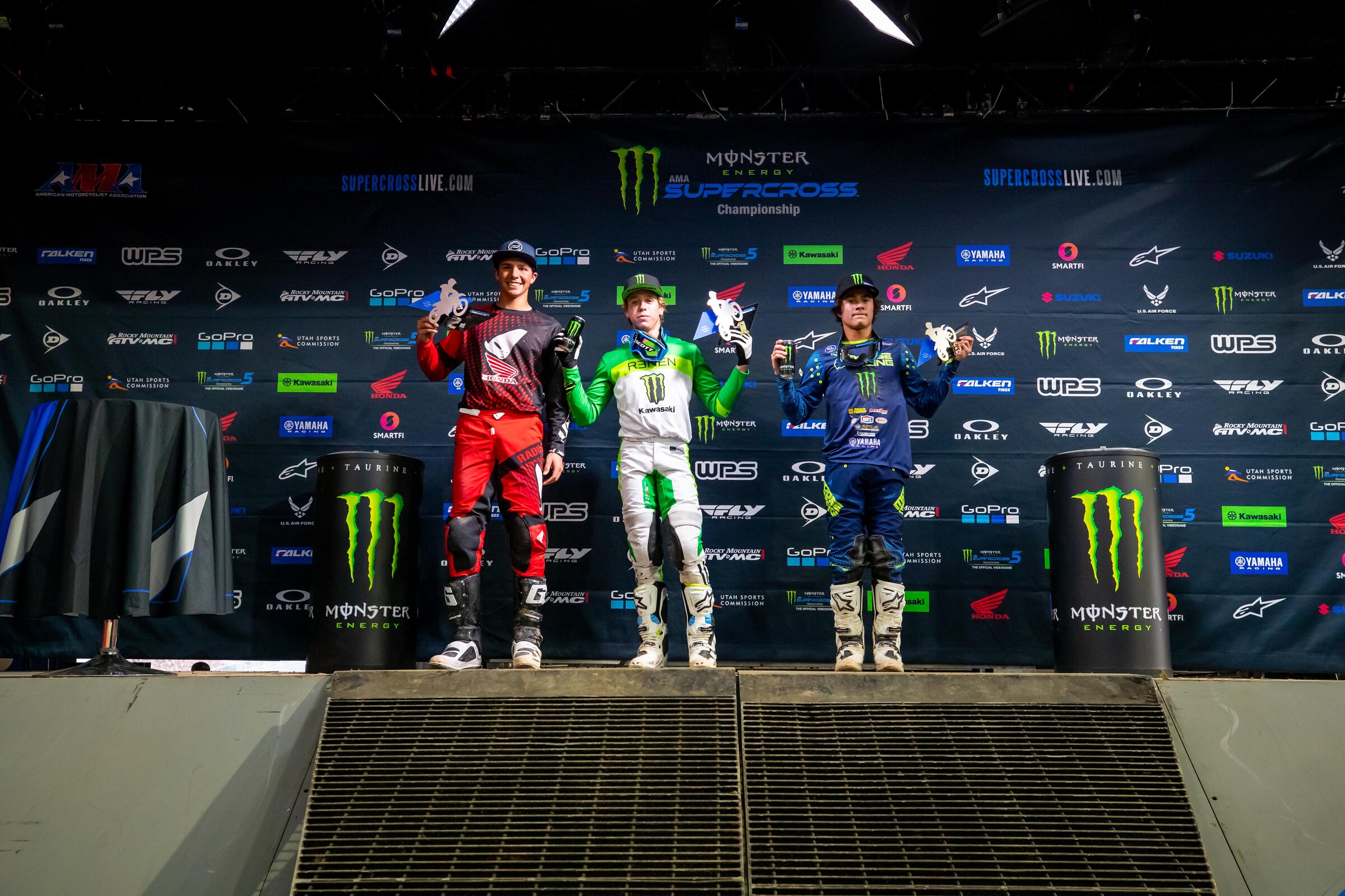 Ryder DiFrancesco (middle, Kawasaki), Luke Kalaitzian (left, Honda), and Gavin Towers (right, Yamaha) were the three podium finishers in the Glendale Supercross 250SX Futures main event.