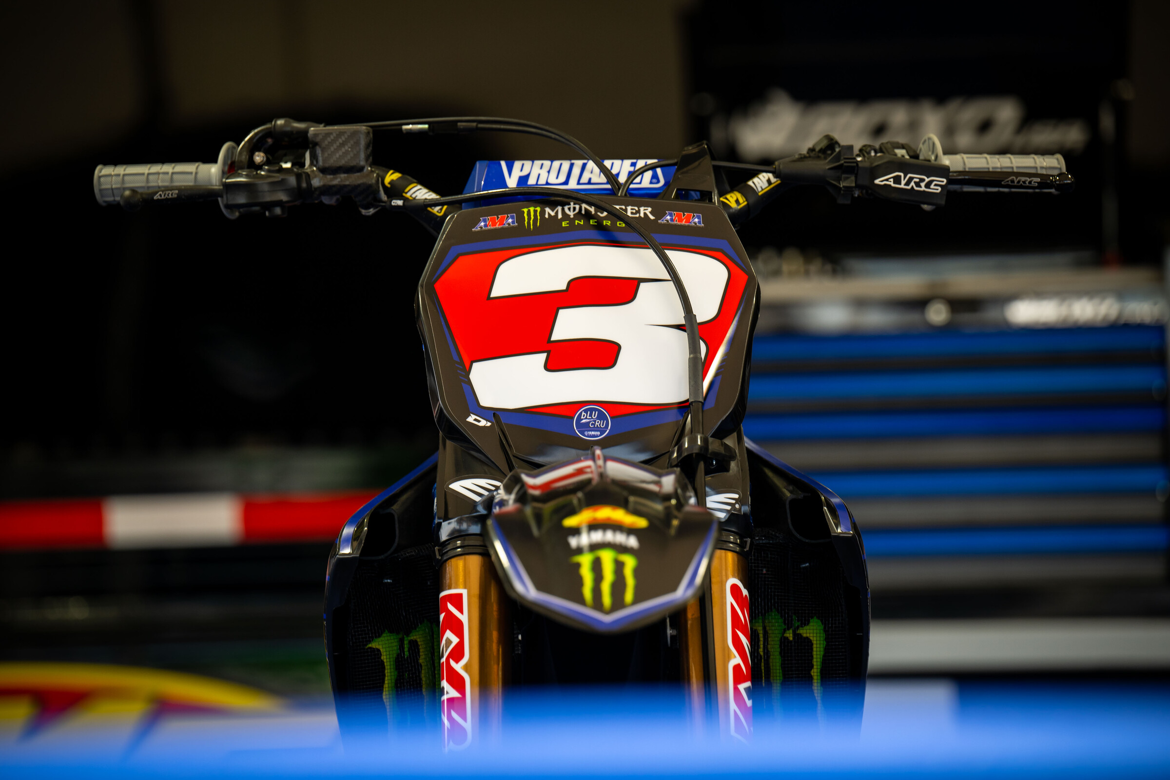 Tomac's Yamaha YZ450F at the Anaheim 2 Supercross. At tomorrow's Anaheim 3 event, Tomac will still have the extra red on his bike as he continues to lead the 450SX Class standings.