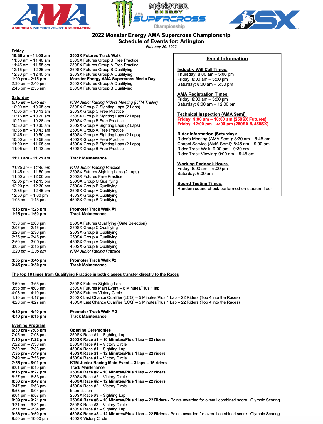2022 Arlington Supercross race day schedule