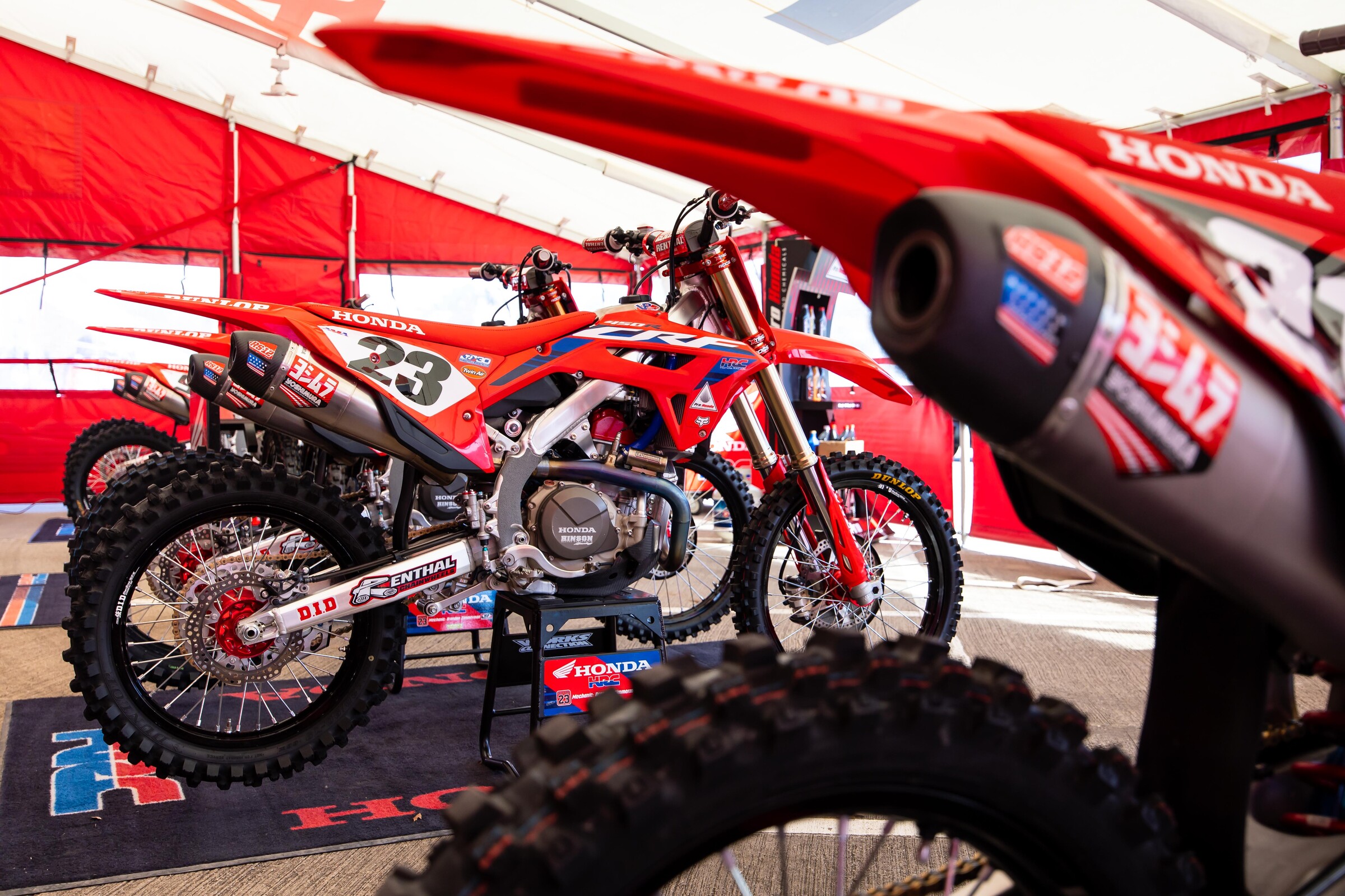 Chase Sexton is back despite his big crash last week. Note all the bikes under this Honda HRC tent--at the Triple Crown events teams can build two race bikes and use a backup if one bike is mangled in crash.
