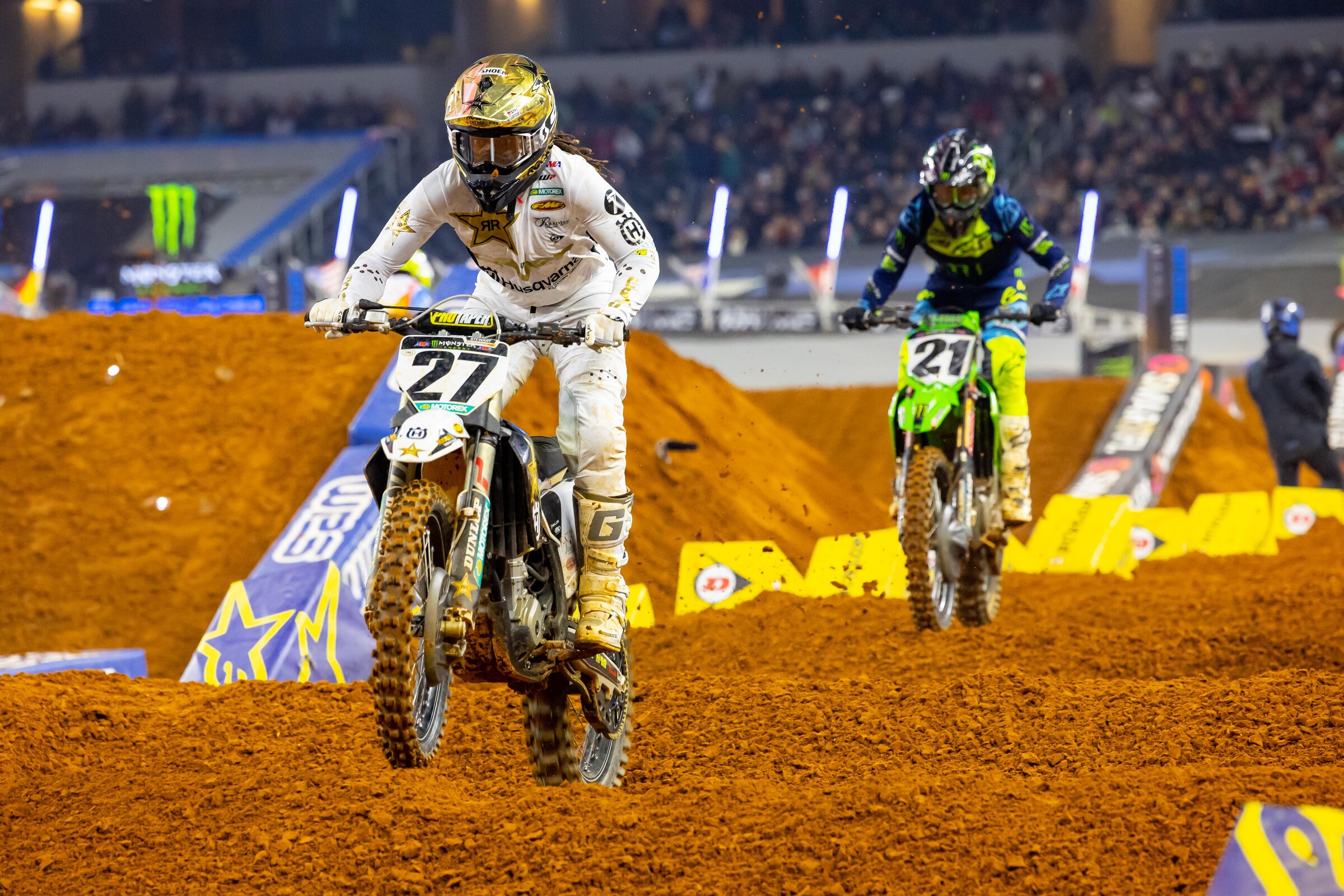 Jason Anderson caught Malcolm Stewart but ended up taking them both down with a pass attempt for the lead in race one. That jacked his whole night, and his 6-1-1 finishes resulted in second overall. Stewart was consistent, again, with fifth.