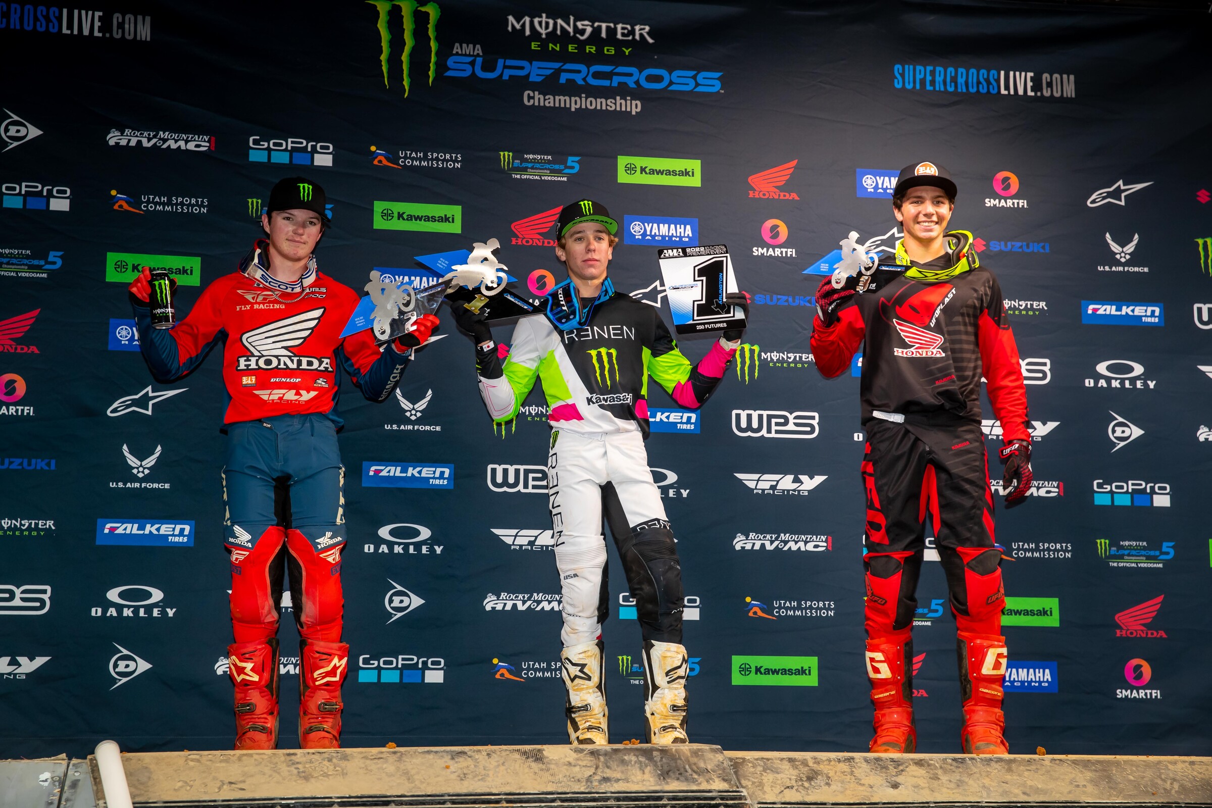 Ryder DiFrancesco (center, Kawasaki) claimed first overall, Chance Hymas (left, Honda) claimed second overall, and Luke Kalaiztian (right, Honda) claimed third overall.