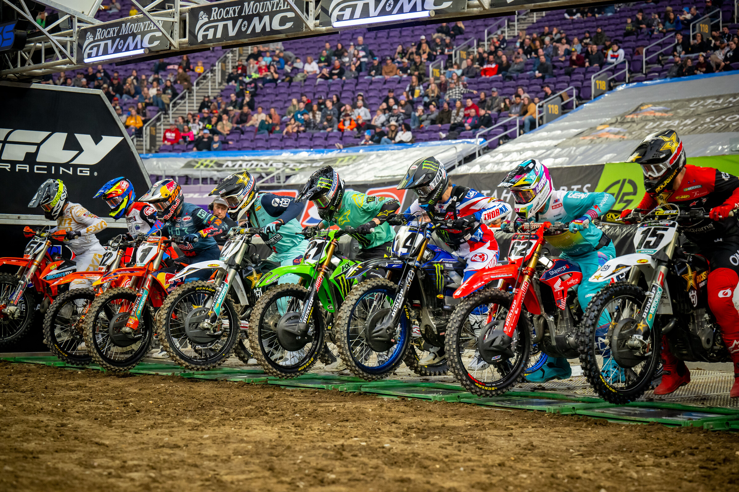 The 450SX Class on the starting gates at the Minneapolis Supercross.