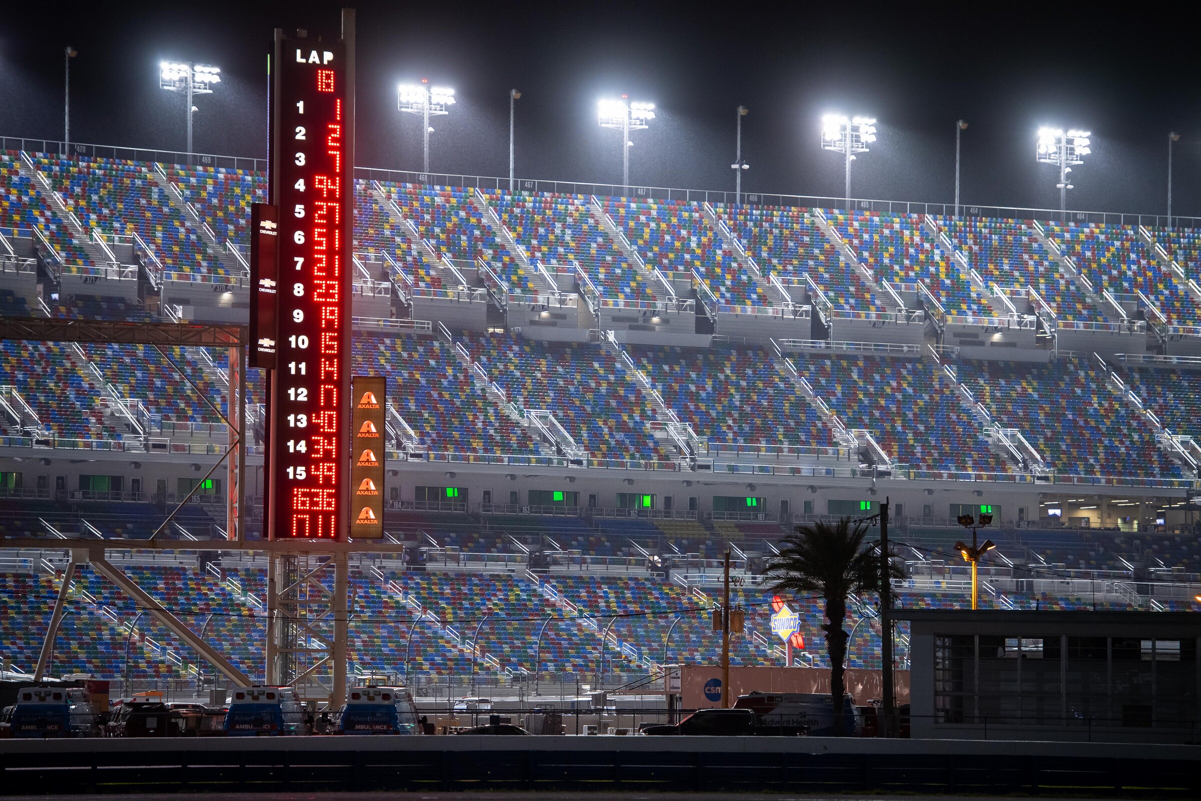 The scoreboard at the end of the night following the 2021 Daytona Supercross lit up with the 450SX main event results as #1 Eli Tomac finished P1 on the night.