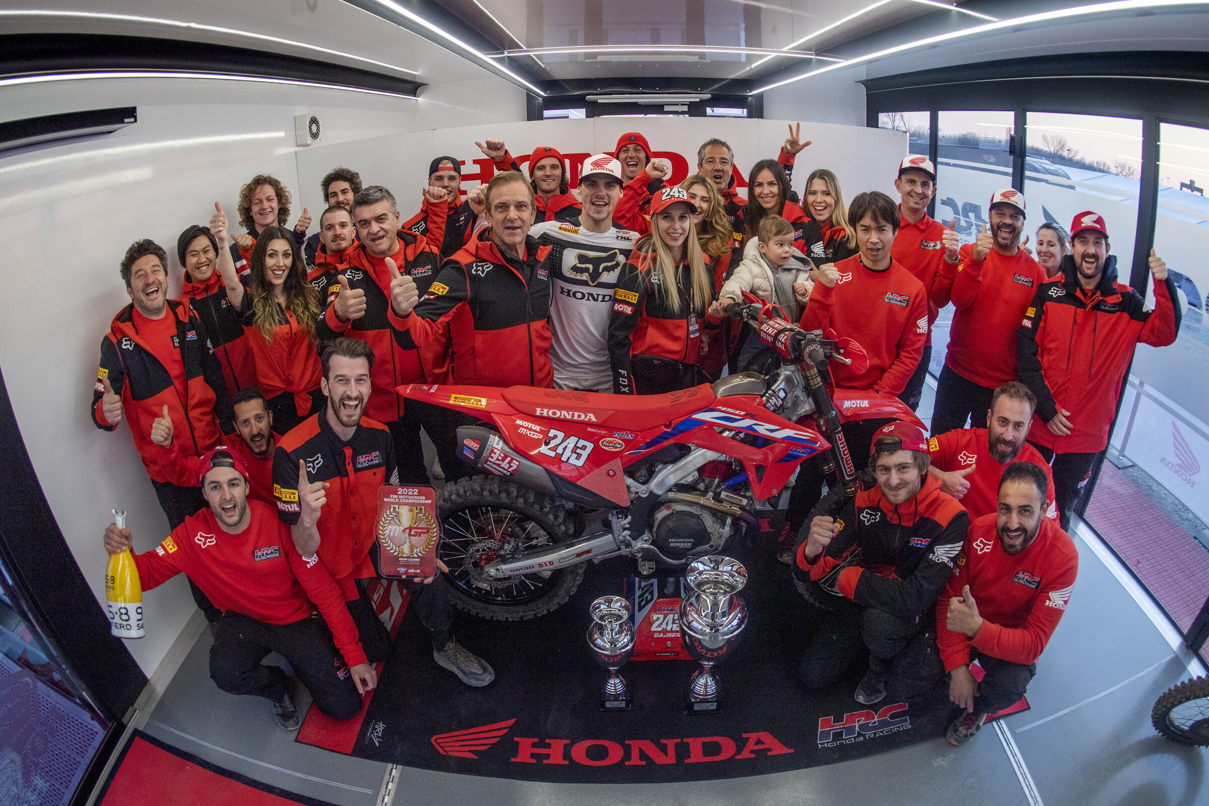 Tim Gajser and the Honda HRC crew celebrating his overall win at the second round.