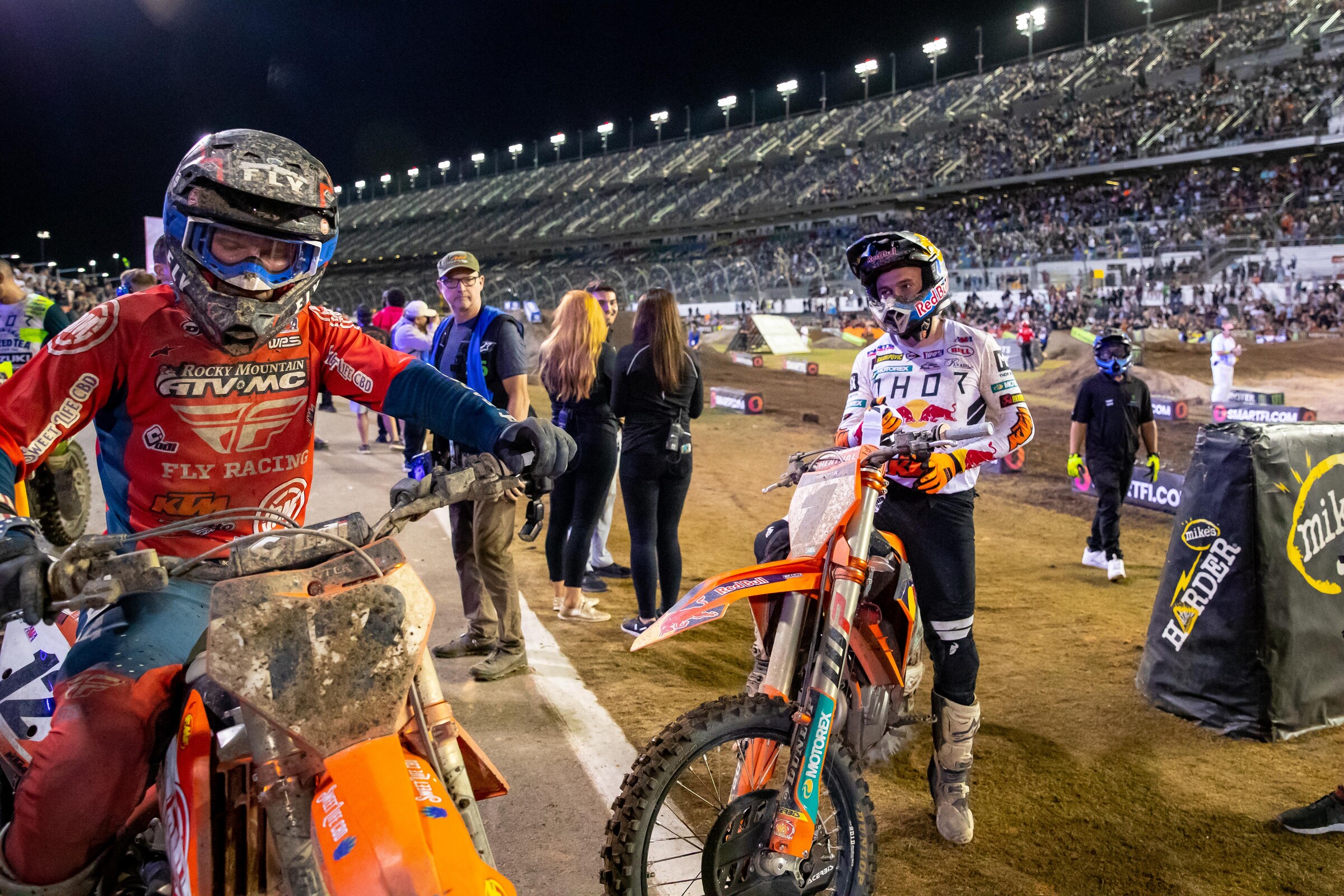 Shane McElrath and Cooper Webb after the 450SX main event.