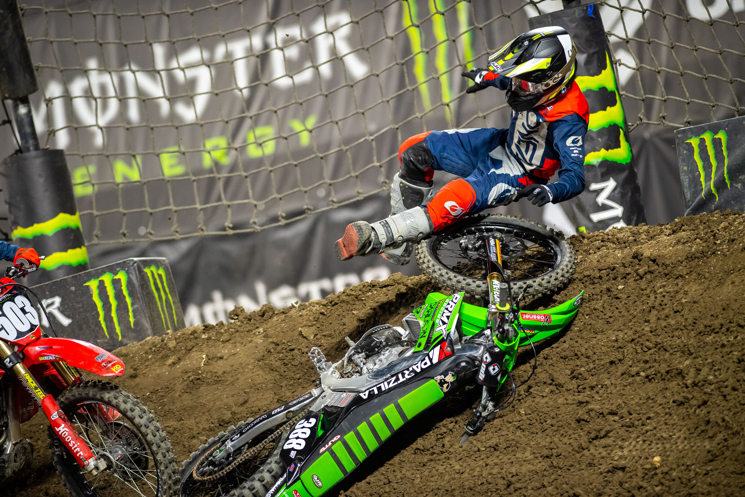 Ray going into the nets at the Anaheim 2 Supercross.