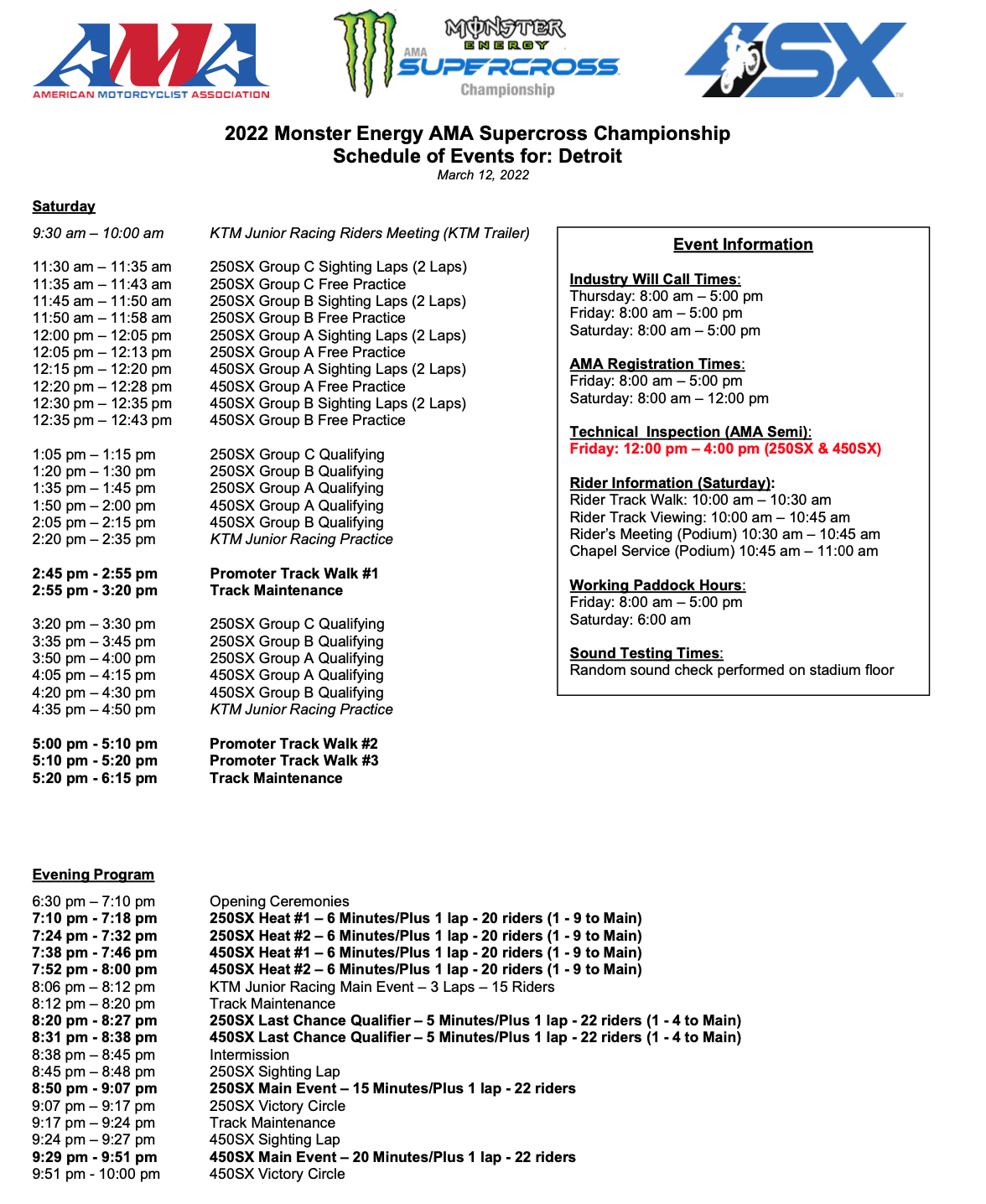 2022 Detroit Supercross race day schedule