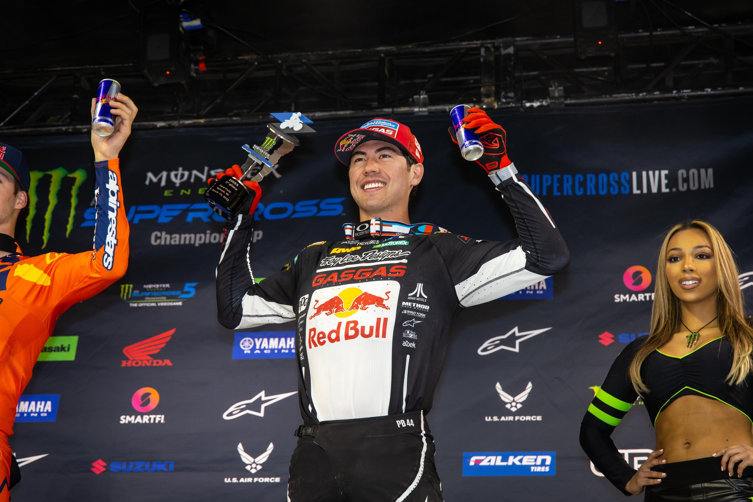 Brown on the podium at the Detroit Supercross.