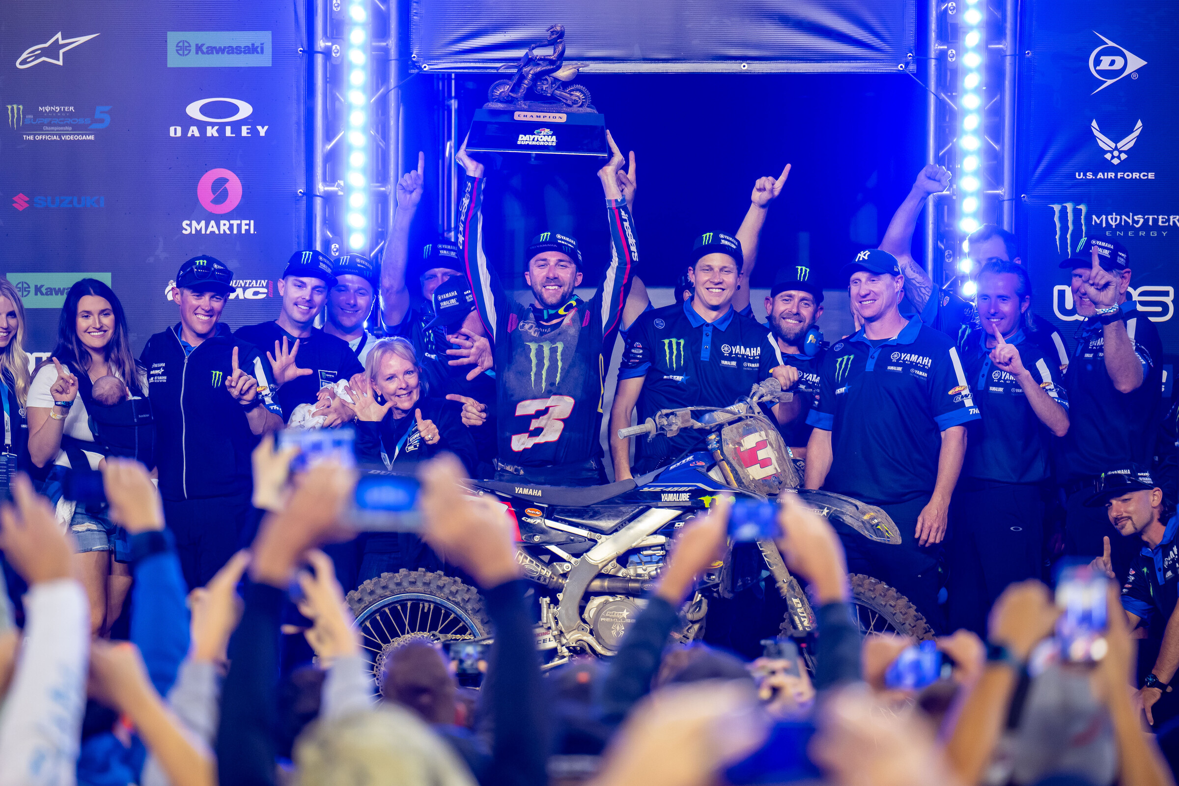 Eli Tomac celebrates after his record setting sixth Daytona Supercross victory.