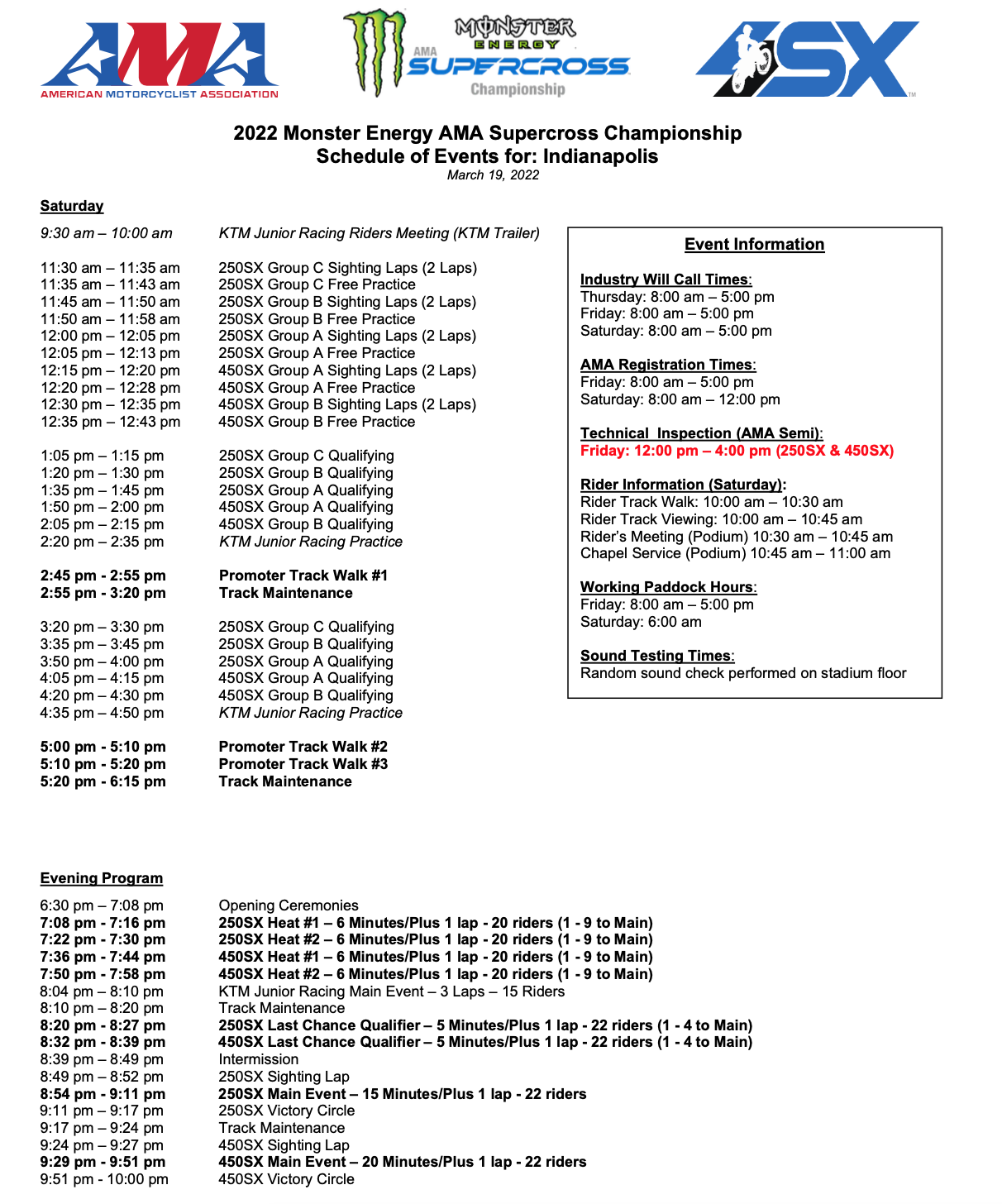2022 Indianapolis Supercross race day schedule