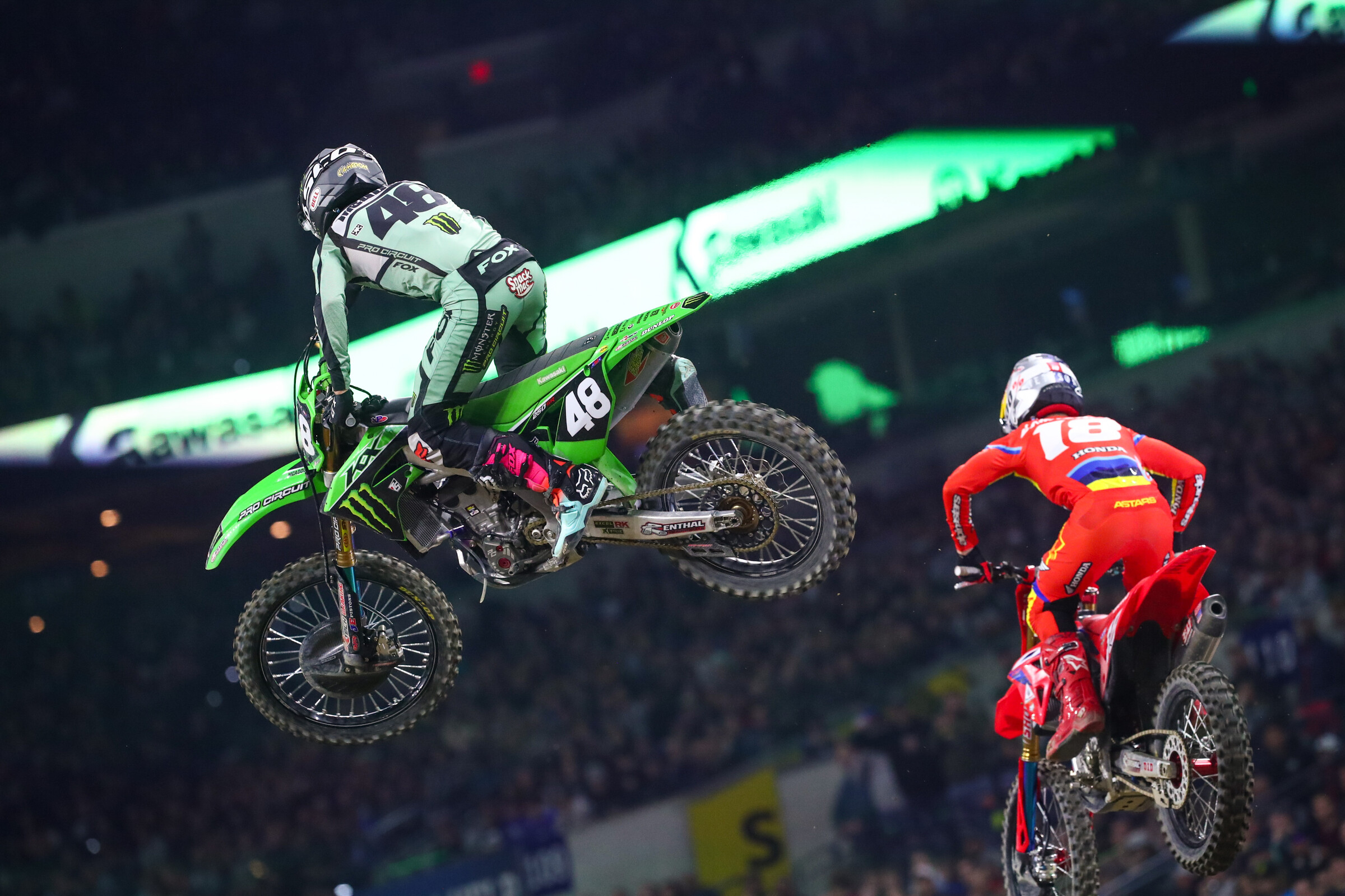 Cameron McAdoo and Jett Lawrence went at it for the 250SX main event win in Indianapolis.