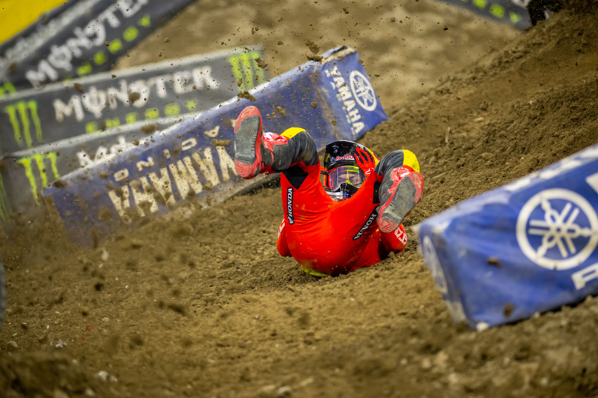 The points leader down in the first turn of his heat race.