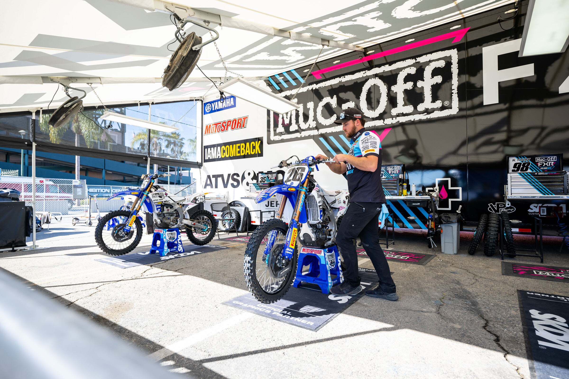 Callaghan under the Muc-Off/FXR/ClubMX Yamaha team tent.