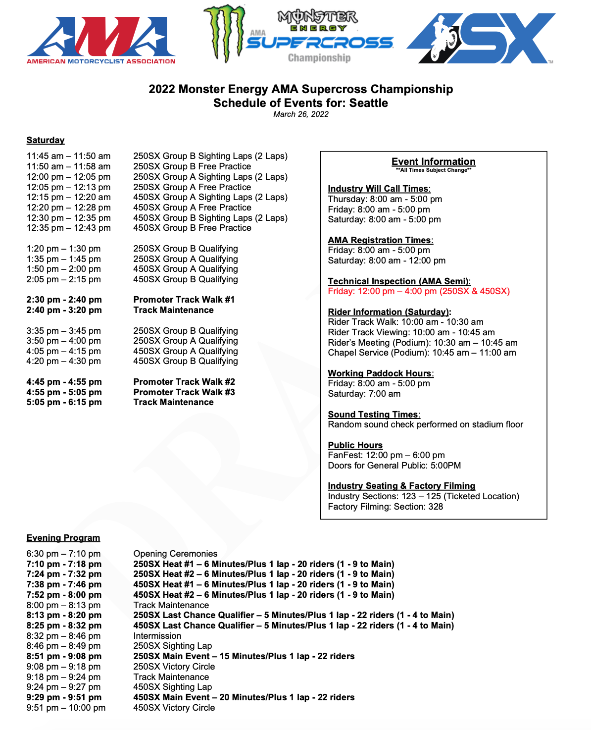 The 2022 Seattle Supercross race day schedule.