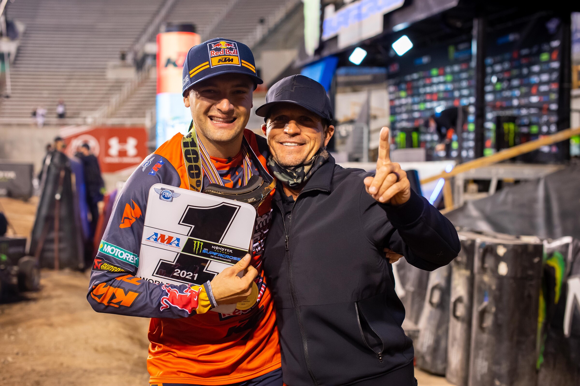 Cooper Webb and Aldon Baker after Webb claimed the 2021 450SX title.