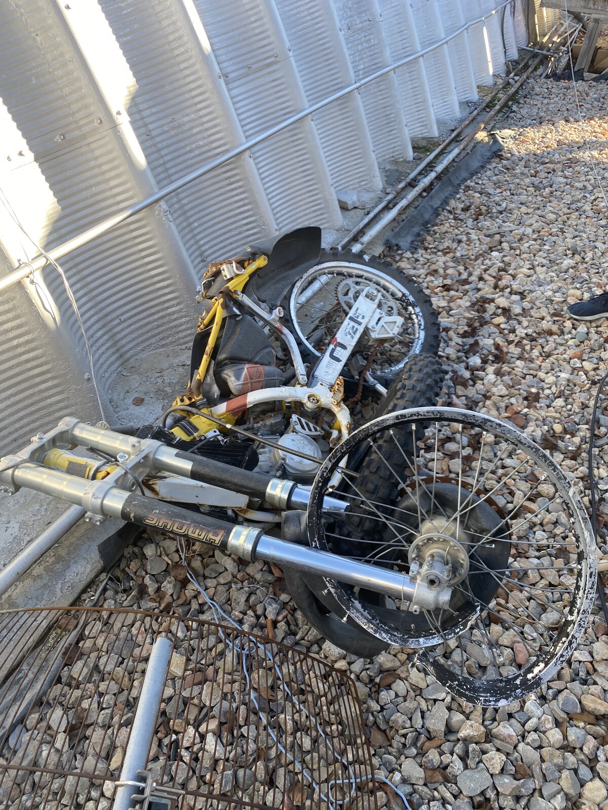 The remnants of one of Travis Pastrana’s RM125s at Rockwell HQ.