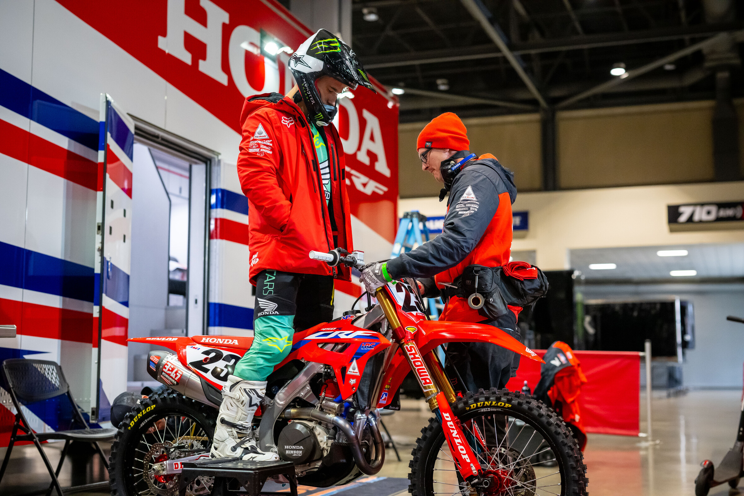 Chase Sexton and mechanic Brandon Zimmerman prior to free practice at the Seattle Supercross.