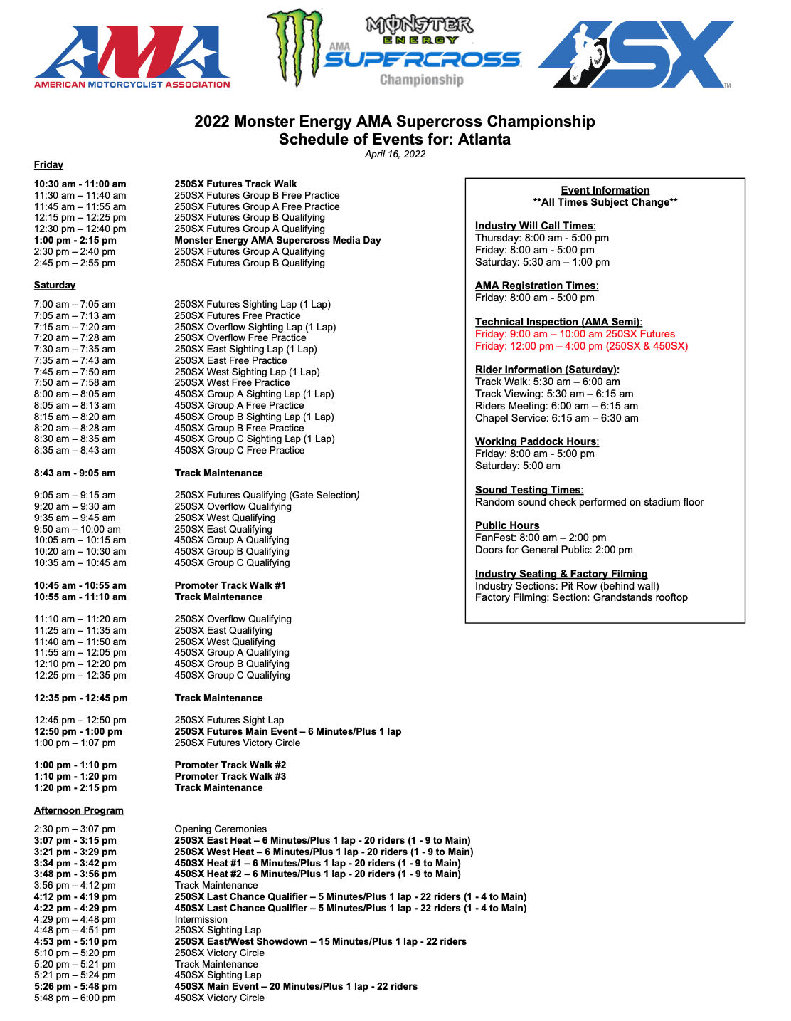 2022 Atlanta Supercross race day schedule