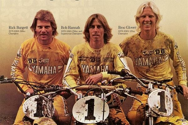 The three AMA Motocross champions: (from left to right) Rick Burgett in the 500cc class, Bob Hannah in the 250cc class, and Broc Glover in the 125cc class.