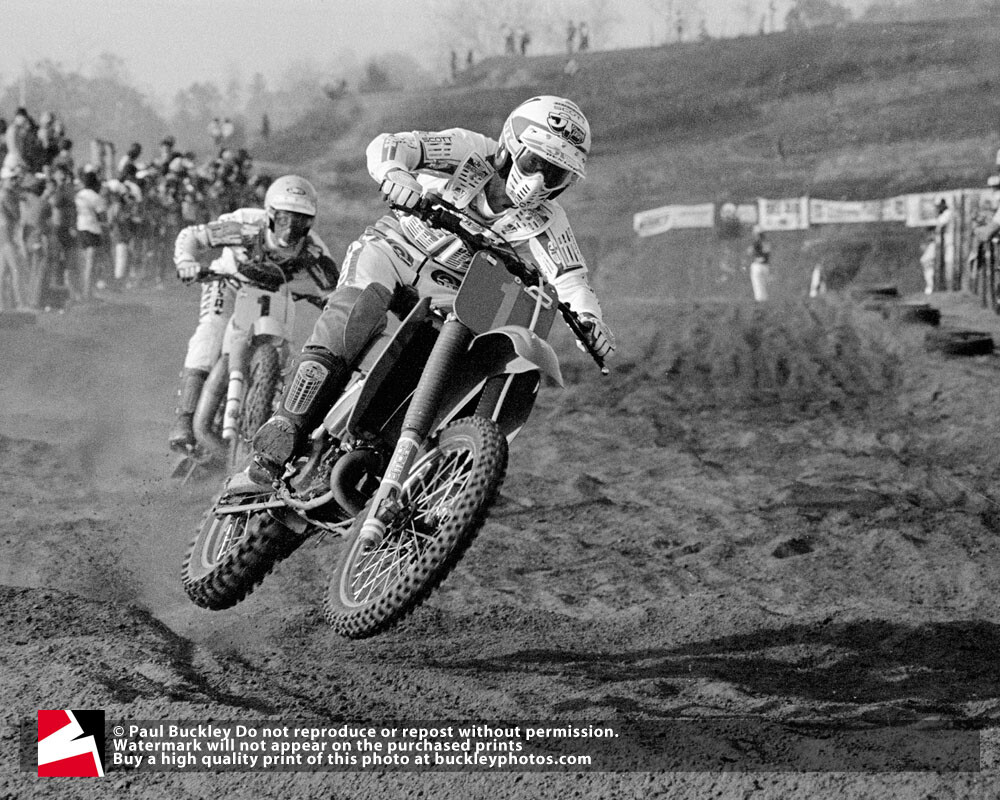 David Bailey with Broc Glover behind him. The famous double number-one plates come from Bailey winning the combined supercross/motocross points Wrangler Super Series in 1983, and Bailey being the defending 500 National Champion.