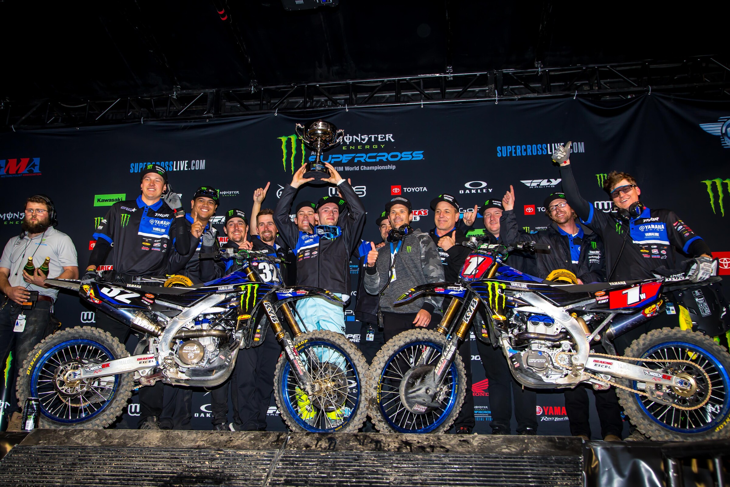 Ellingson, Justin Cooper, and the Star team celebrating Cooper (first) and Dylan Ferrandis' (second) double podium at the 2020 season opener at Anaheim 1.